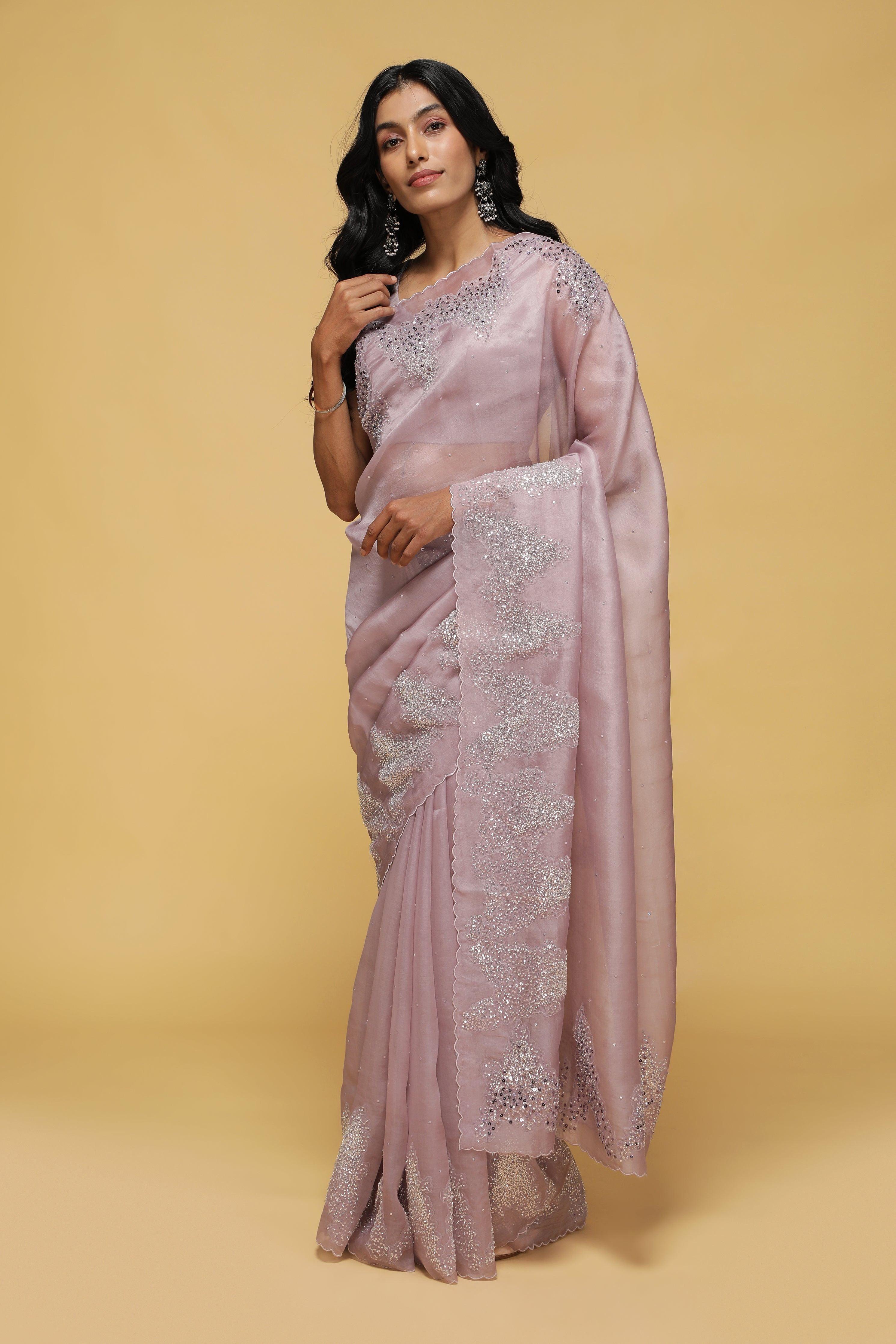 Mauve Organza Saree with Scalloped Sequin & Bead Work - Mokshaa