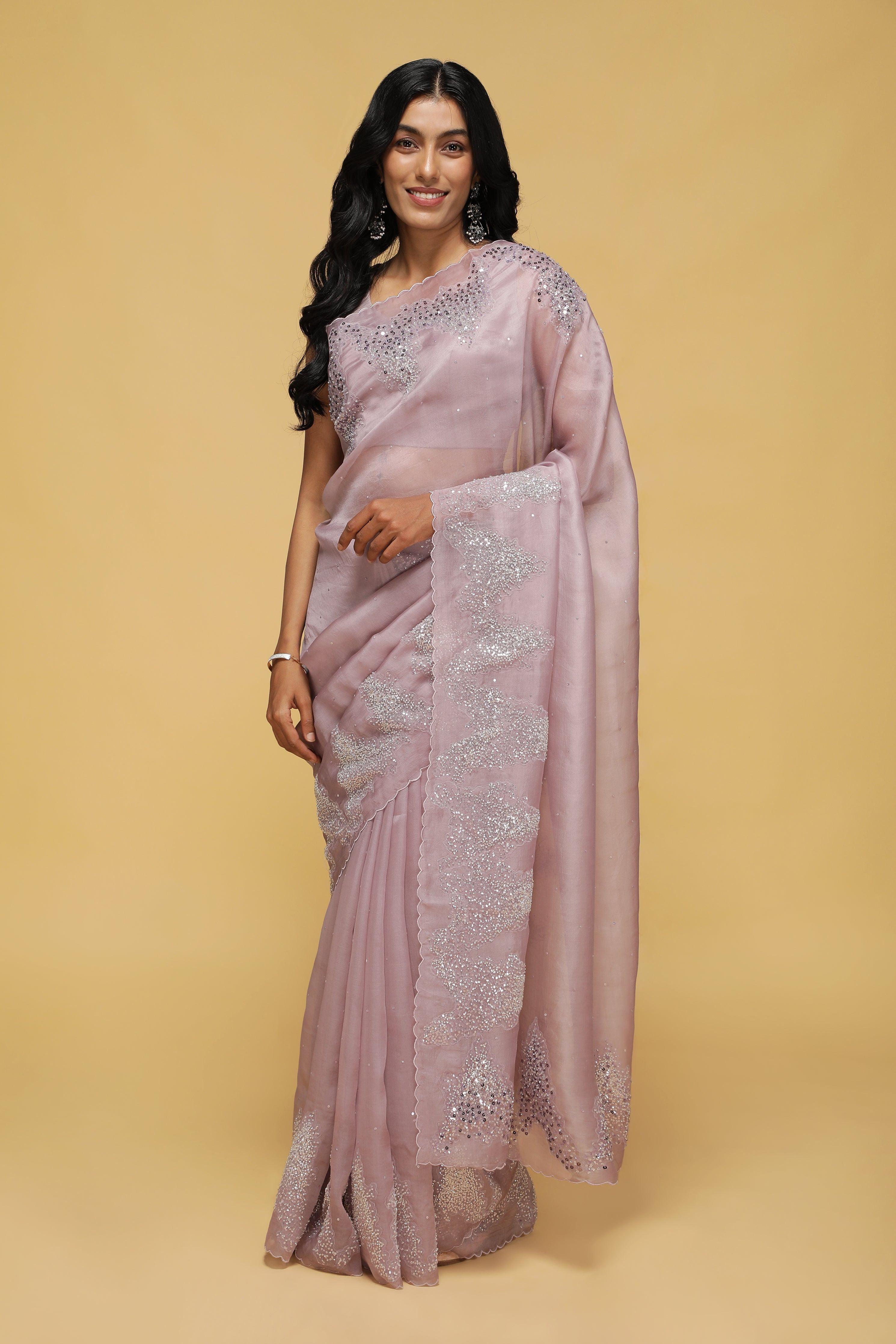 Mauve Organza Saree with Scalloped Sequin & Bead Work - Mokshaa