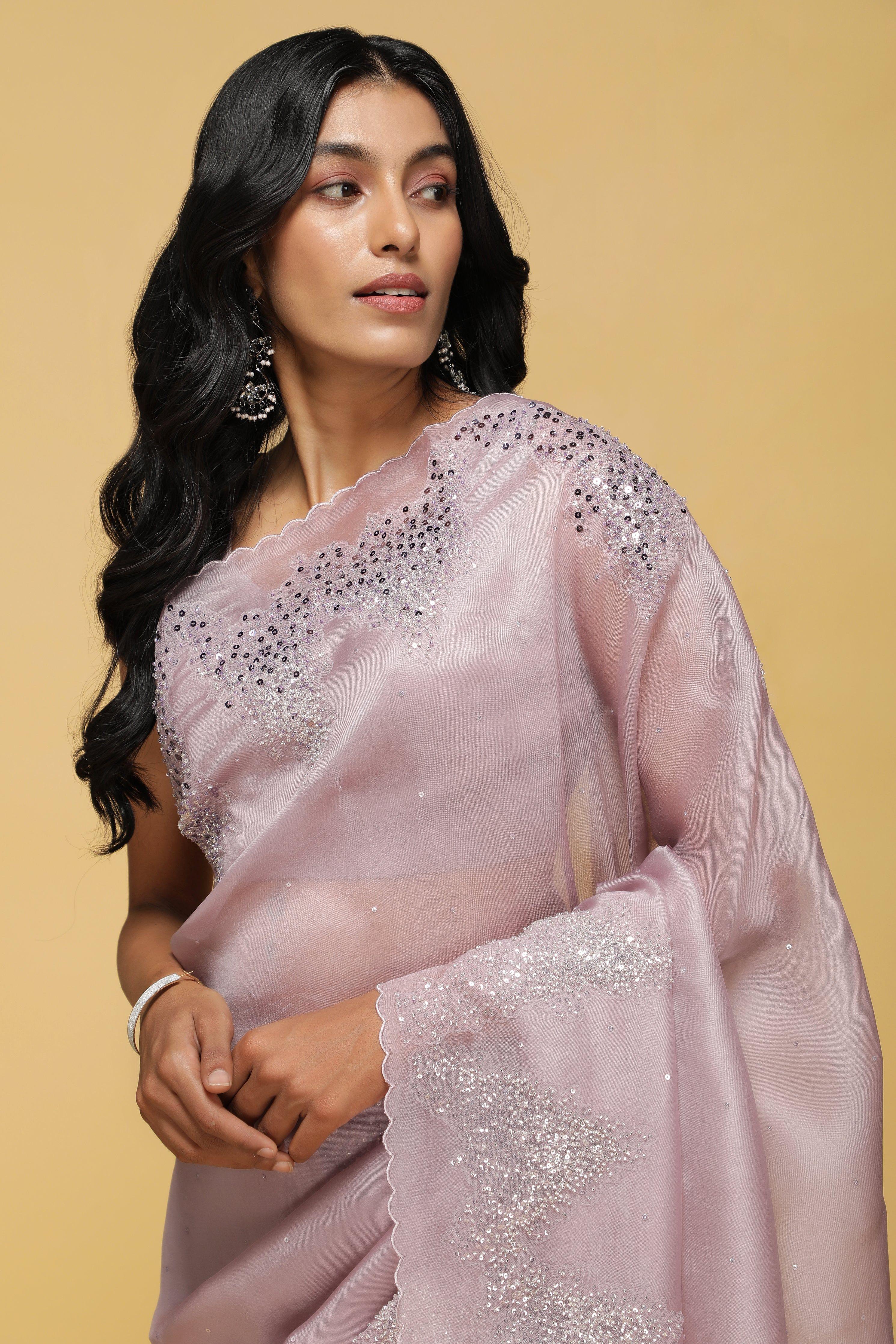 Mauve Organza Saree with Scalloped Sequin & Bead Work - Mokshaa