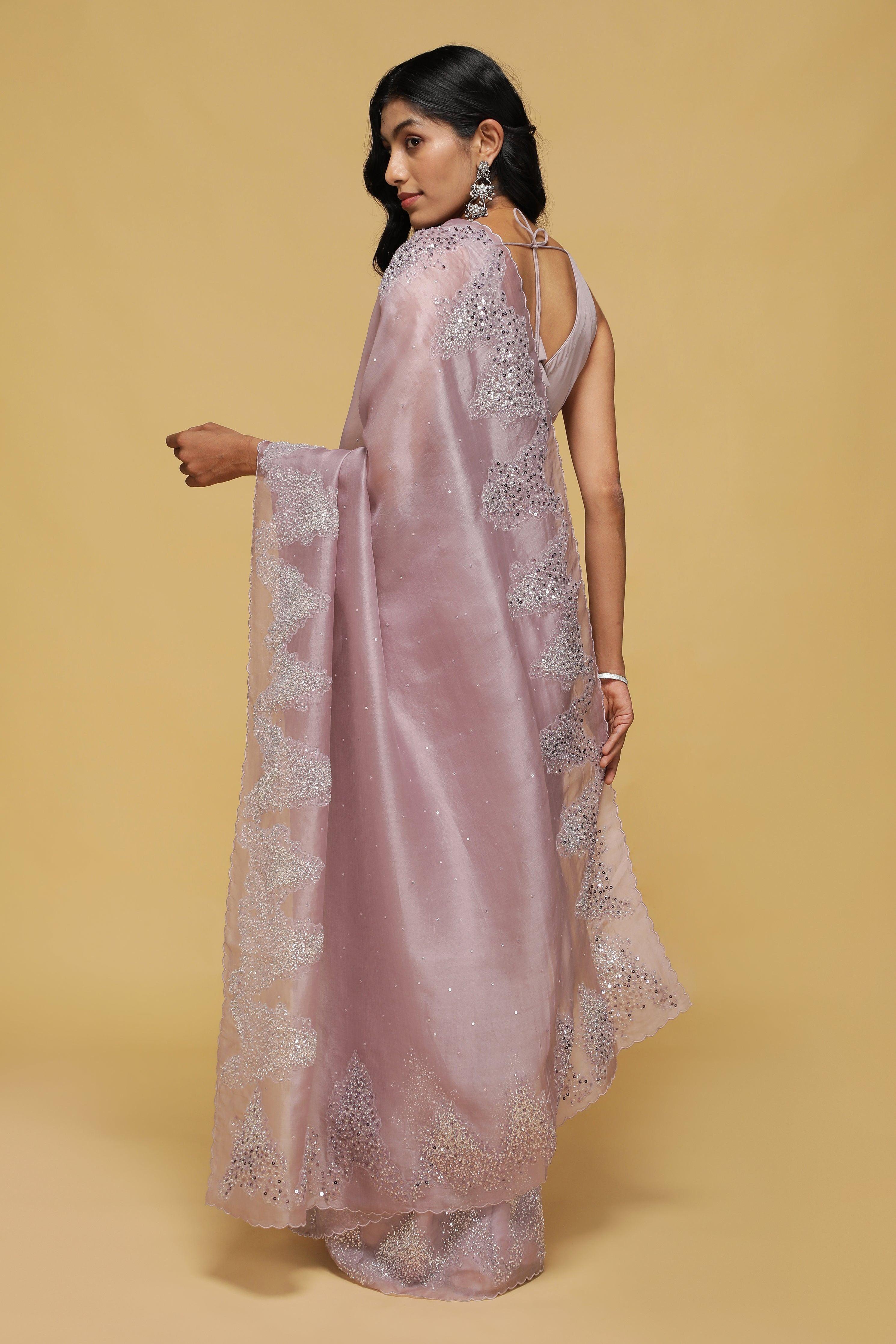 Mauve Organza Saree with Scalloped Sequin & Bead Work - Mokshaa
