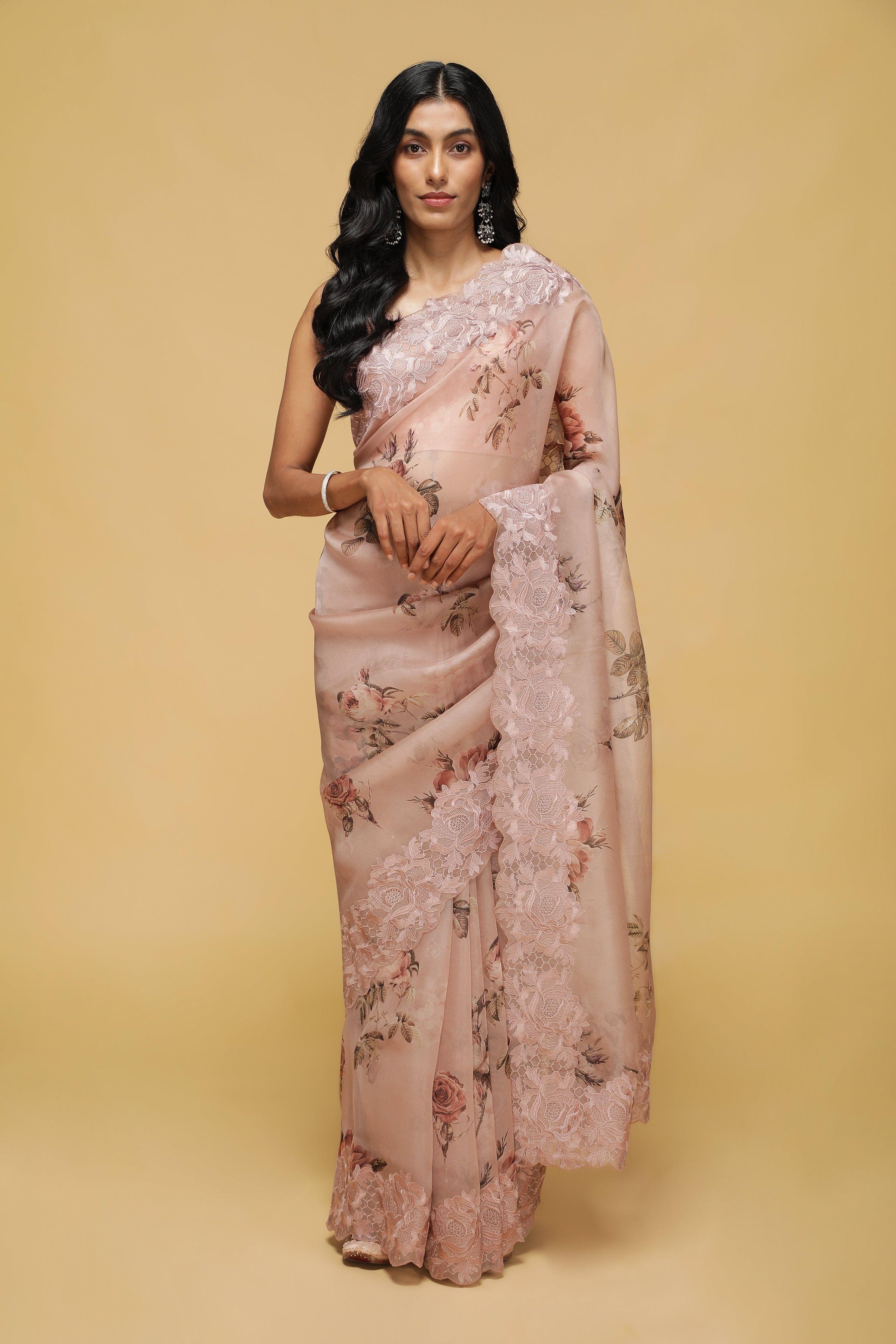 Dusty Peach Organza Saree with Floral Print and Thread Embroidery - Mokshaa