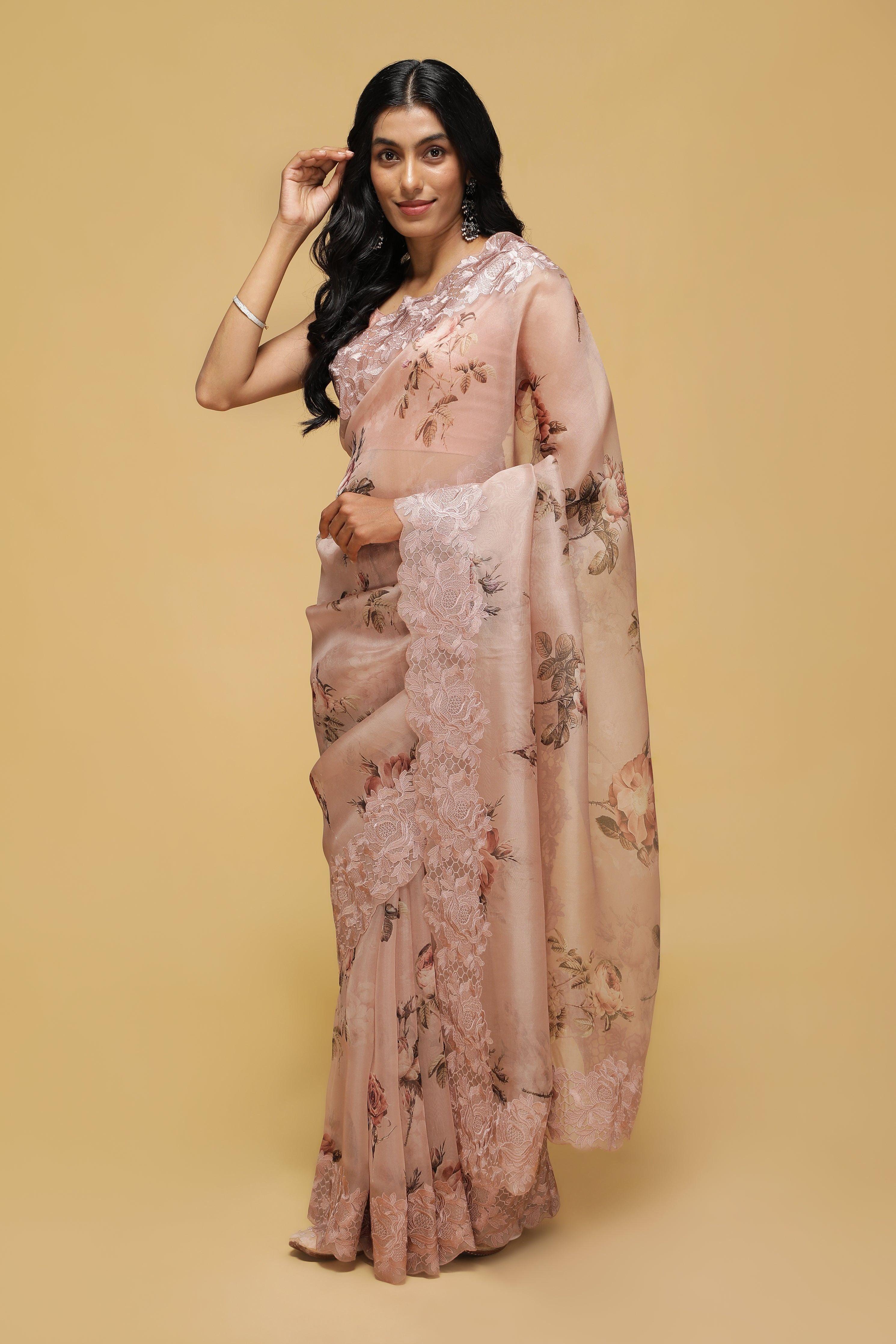 Dusty Peach Organza Saree with Floral Print and Thread Embroidery - Mokshaa