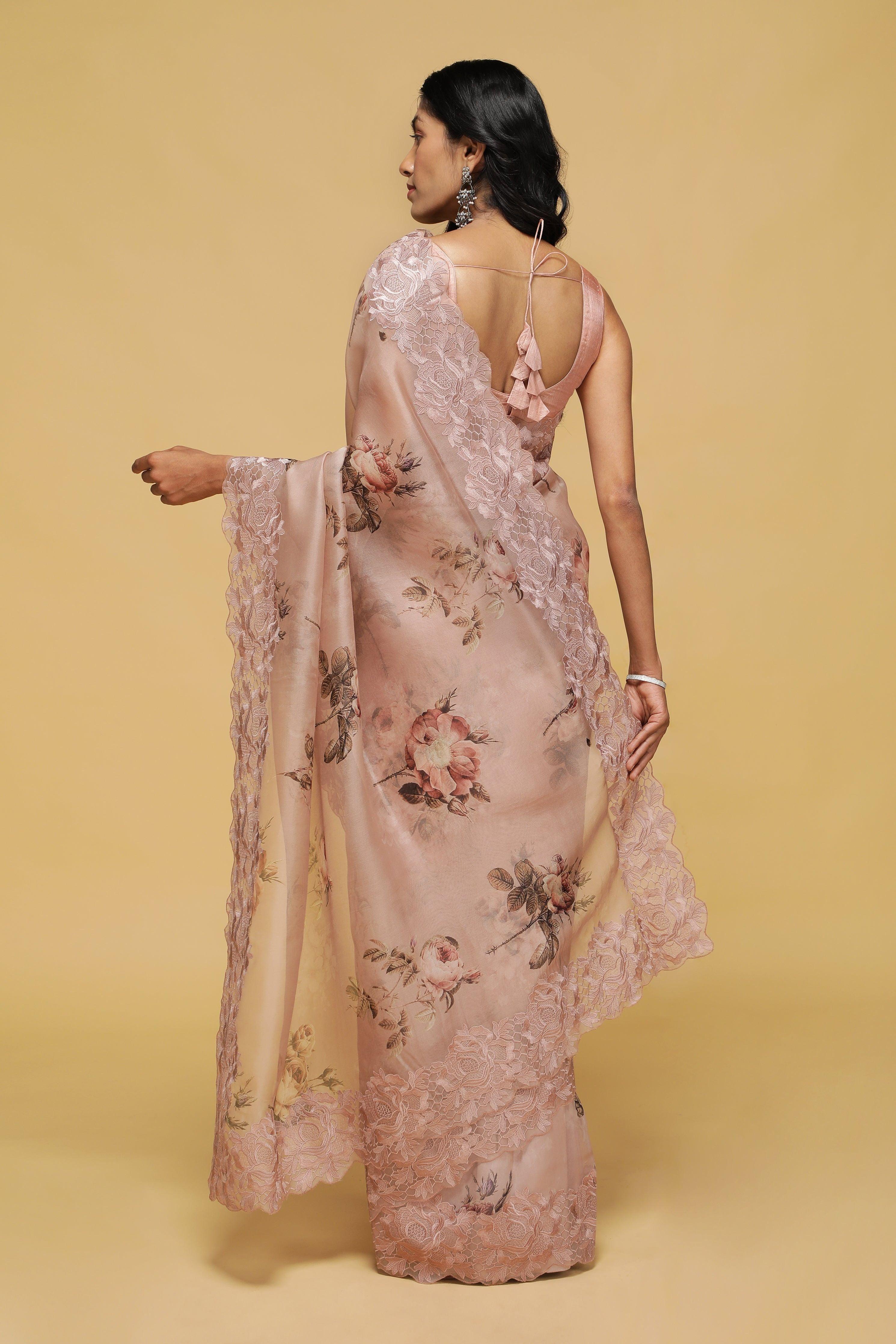 Dusty Peach Organza Saree with Floral Print and Thread Embroidery - Mokshaa