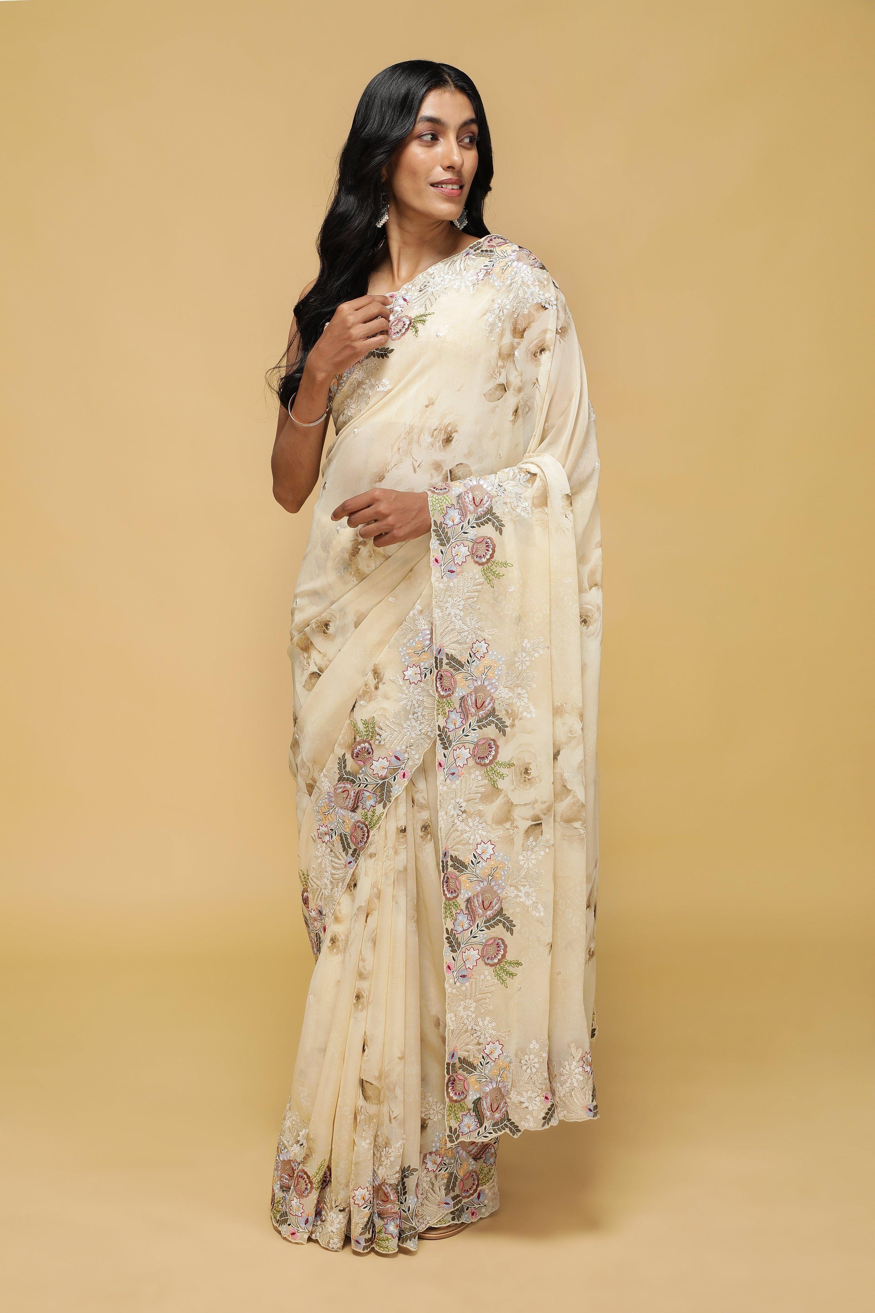 Beige Floral Georgette Saree with Multi-Thread Embroidered Border - Mokshaa