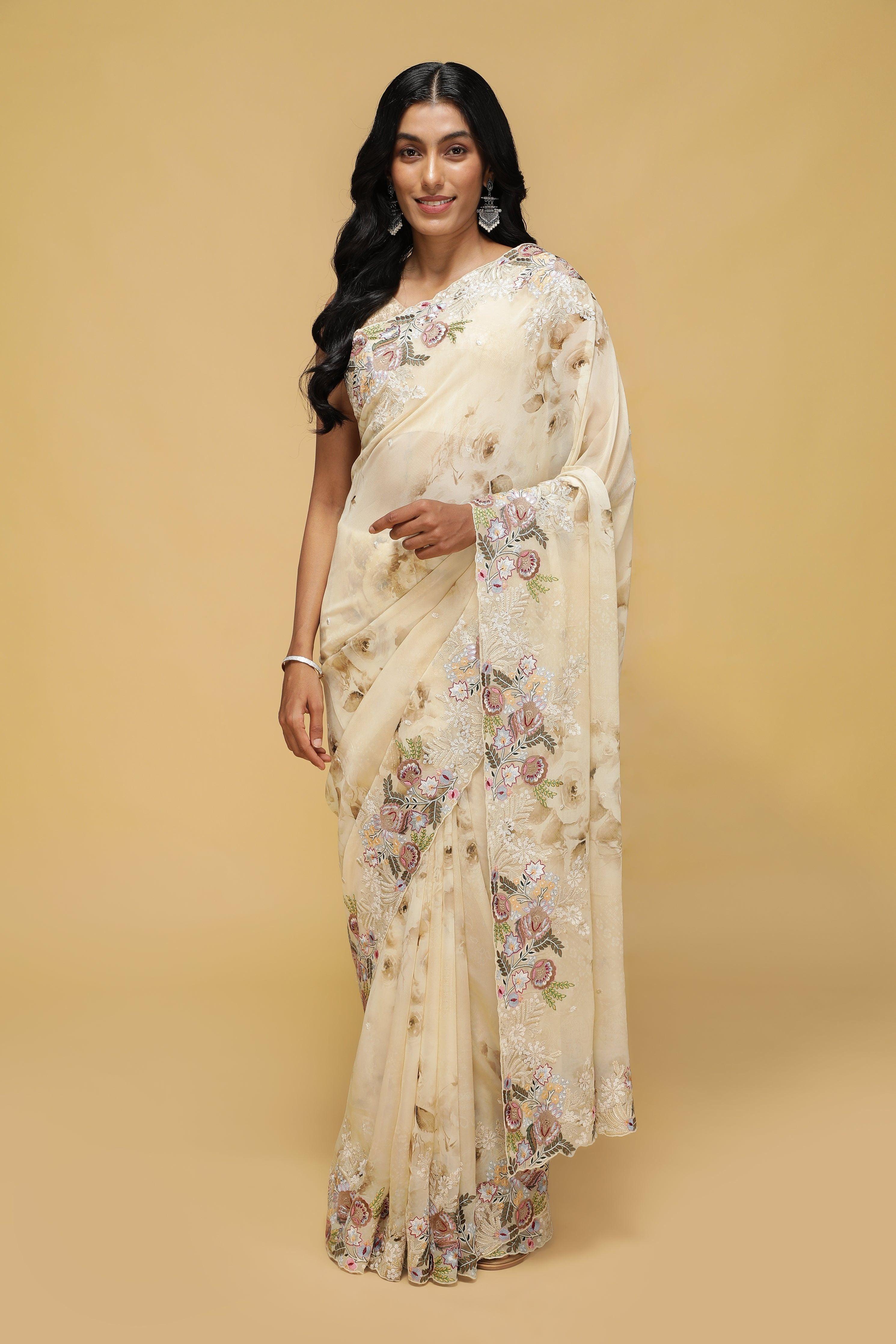 Beige Floral Georgette Saree with Multi-Thread Embroidered Border - Mokshaa