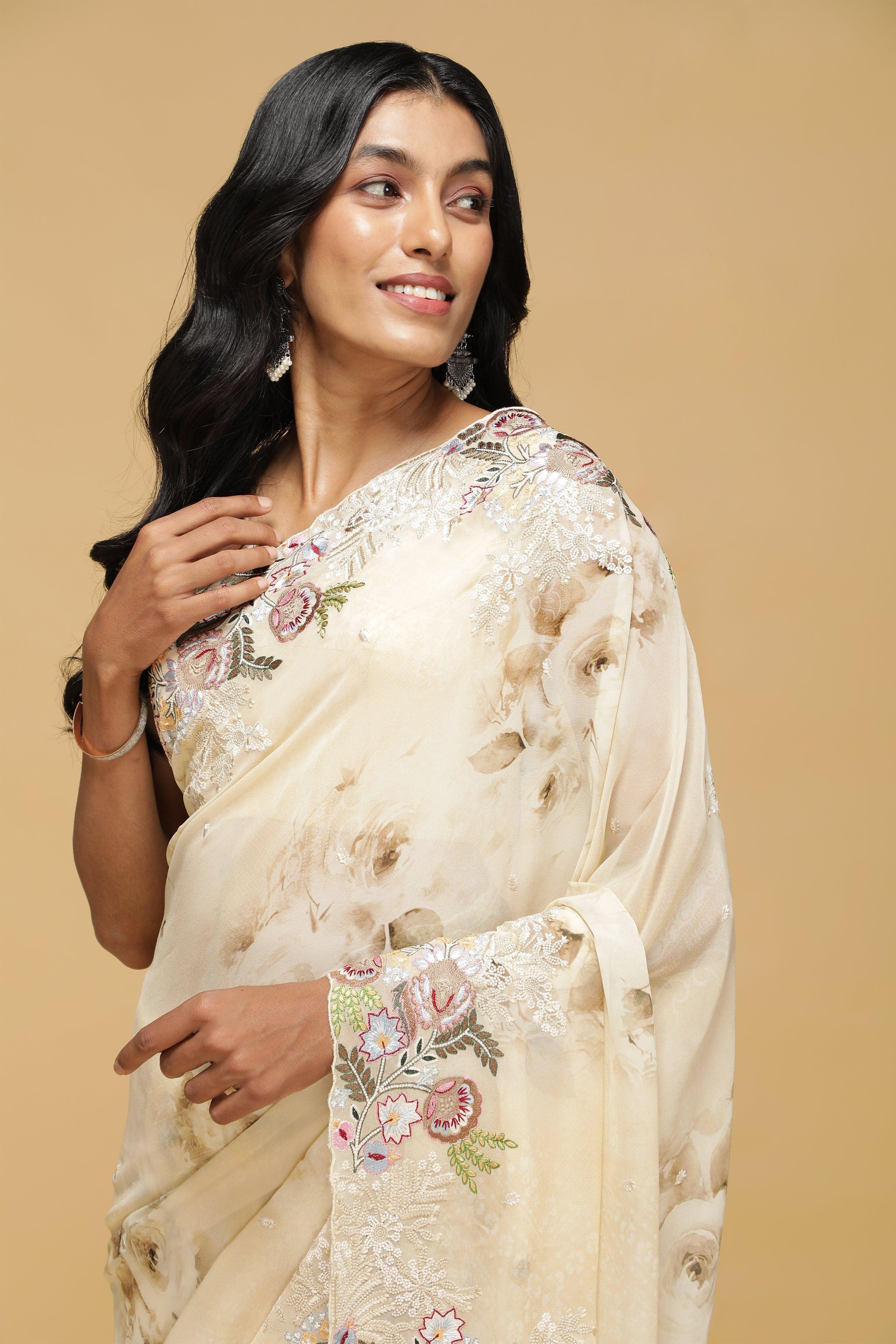 Beige Floral Georgette Saree with Multi-Thread Embroidered Border - Mokshaa