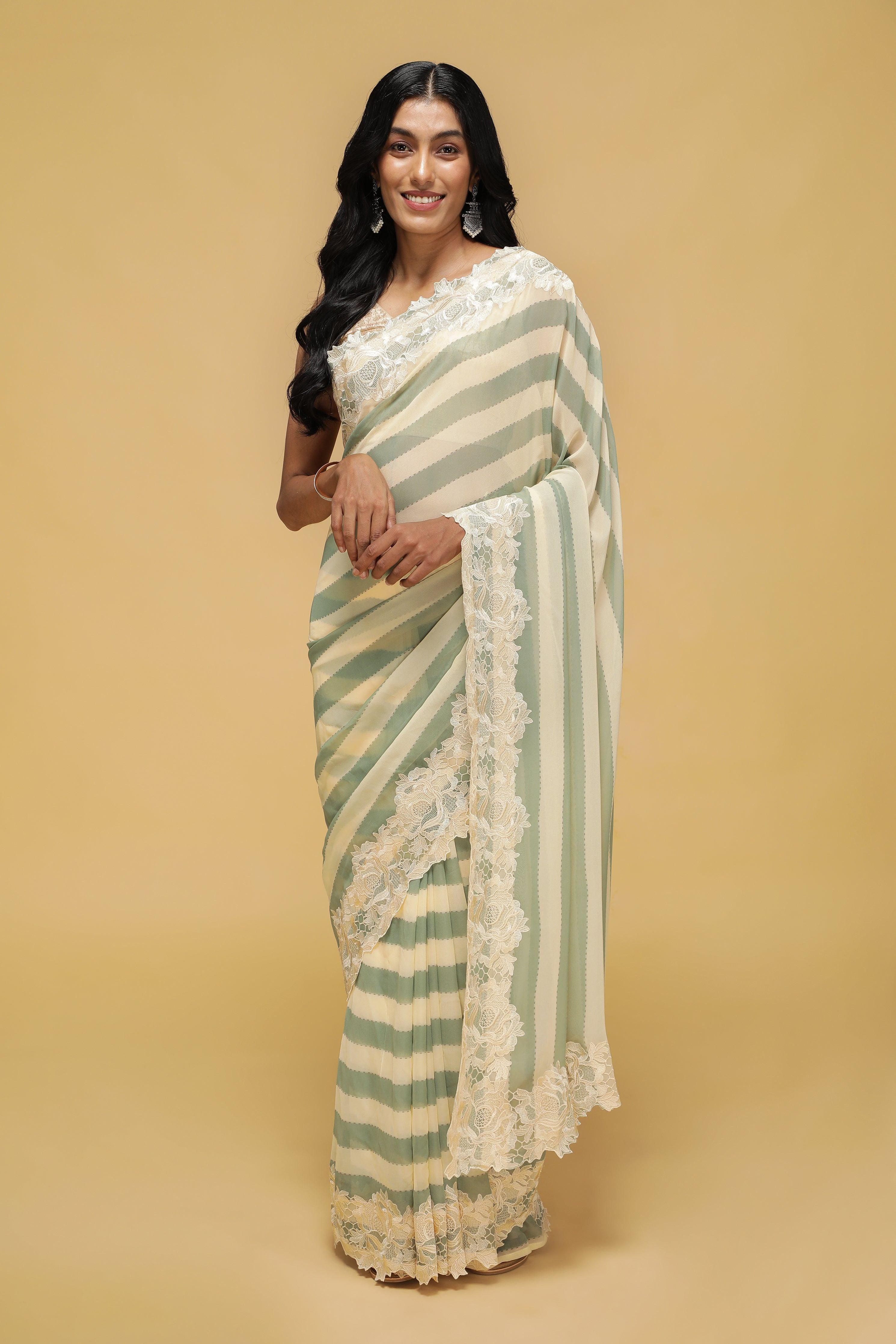 Green & Off-White Striped Georgette Saree with Thread Lace Border - Mokshaa