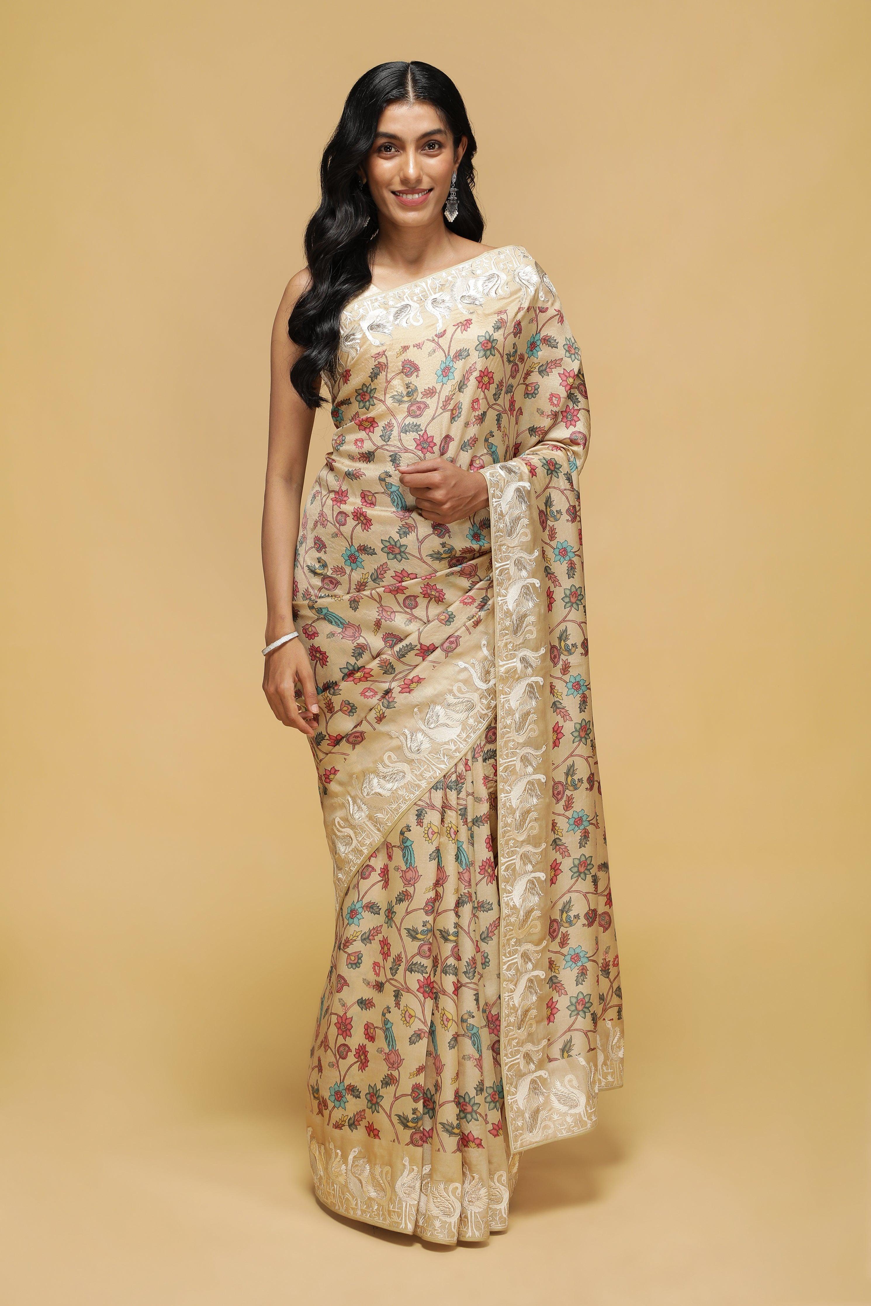 Beige Tussar Saree with Kalamkari Print & Swan Zari Border - Mokshaa
