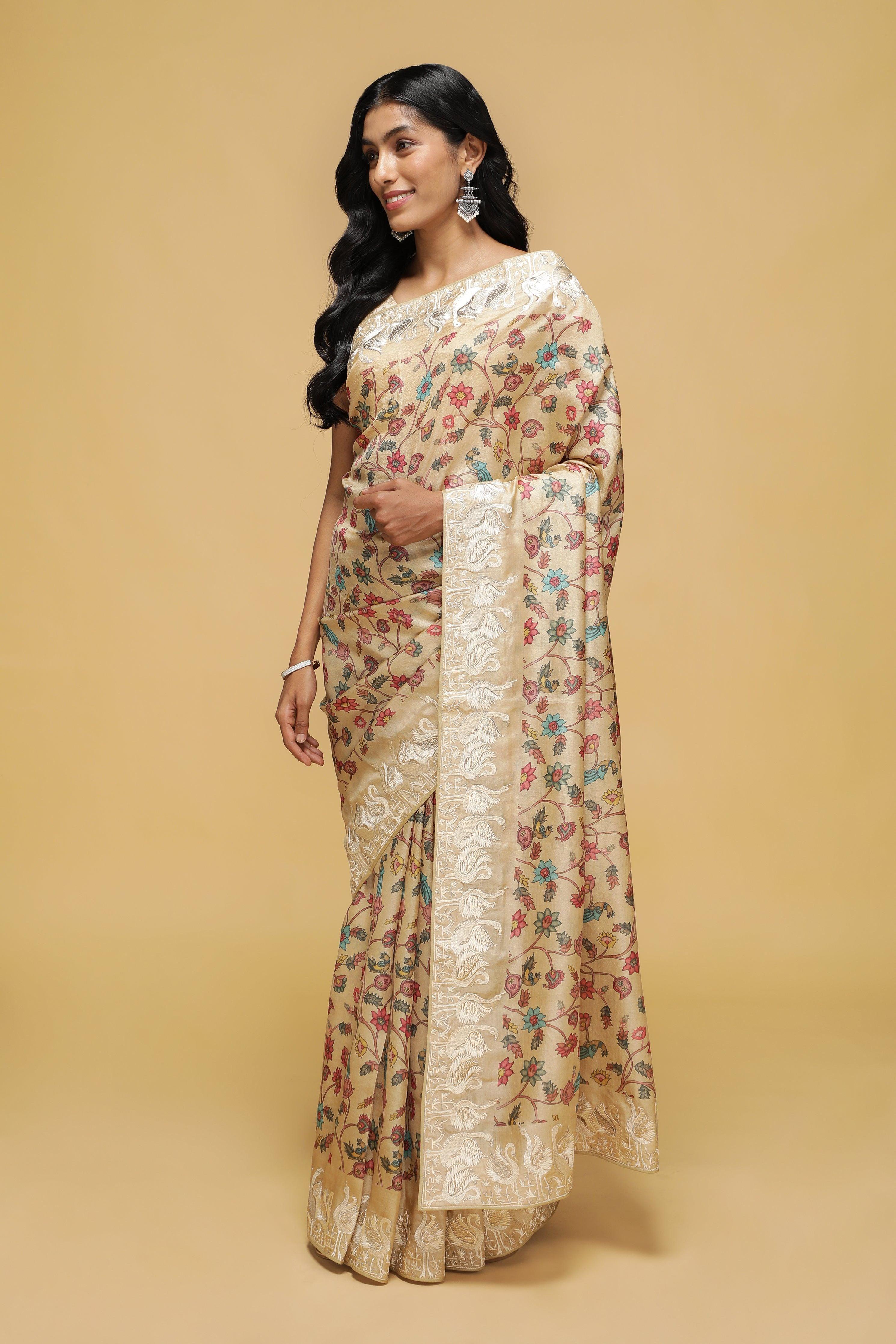 Beige Tussar Saree with Kalamkari Print & Swan Zari Border - Mokshaa