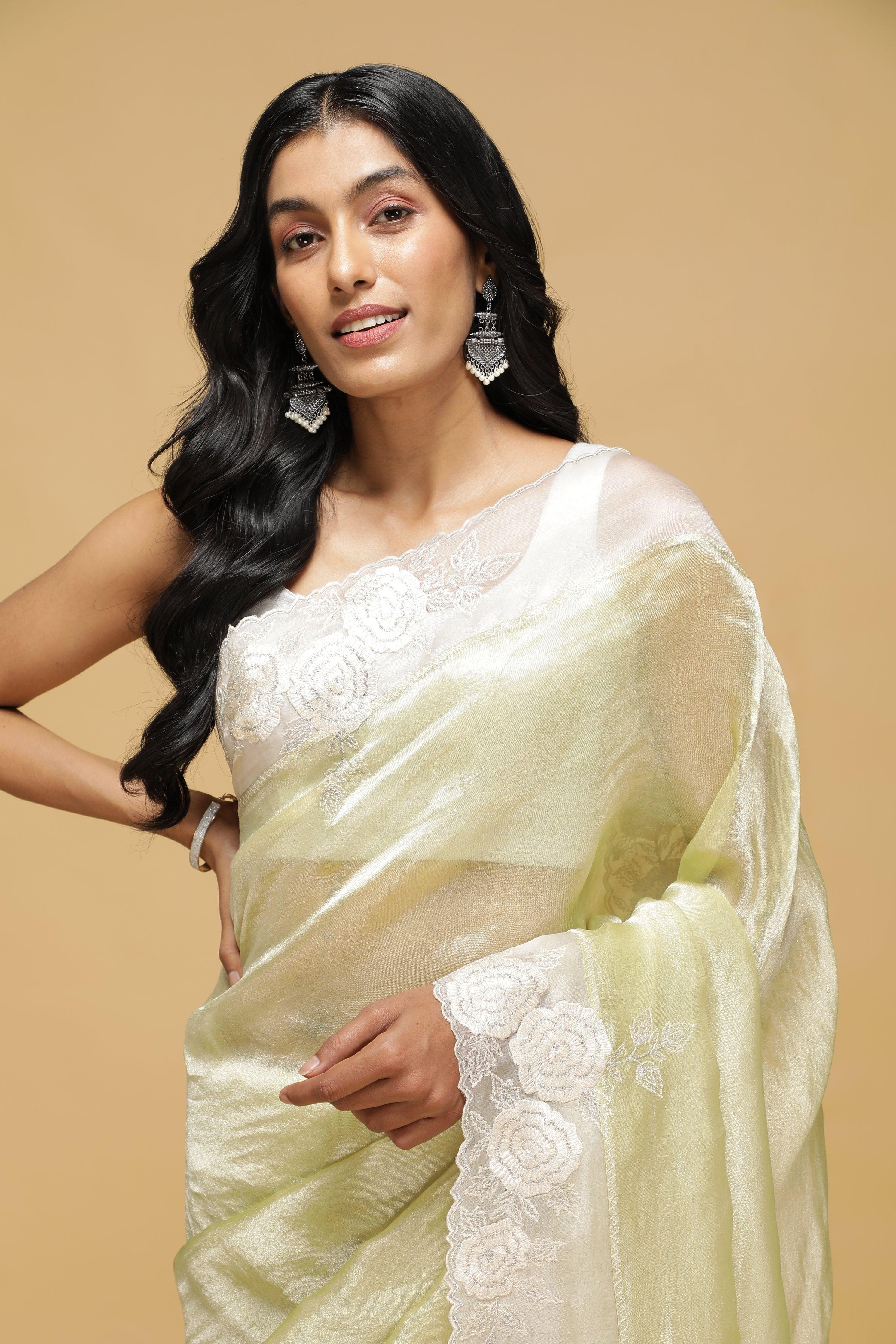 Sea Green Organza Saree with White Thread Border - Mokshaa