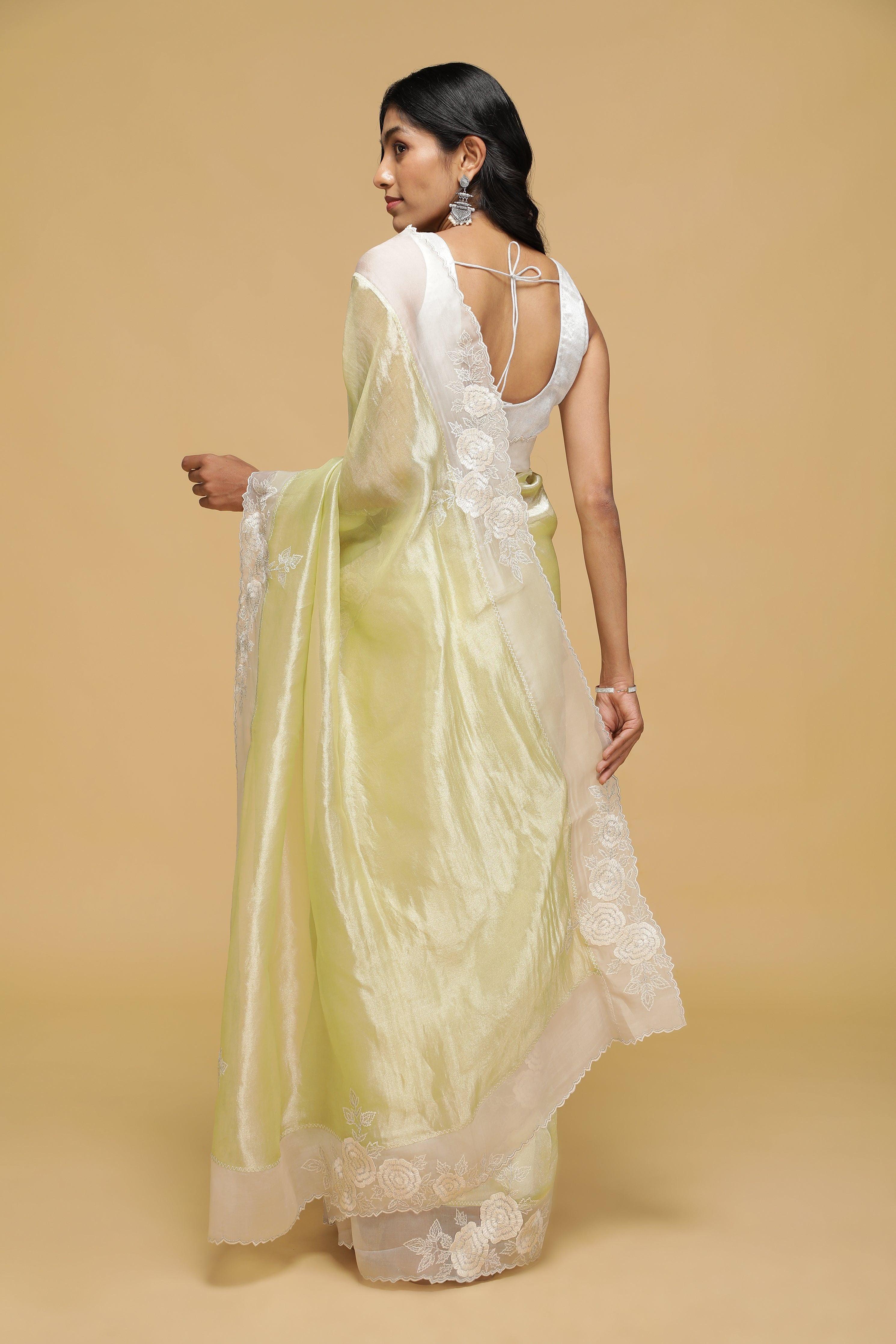 Sea Green Organza Saree with White Thread Border - Mokshaa