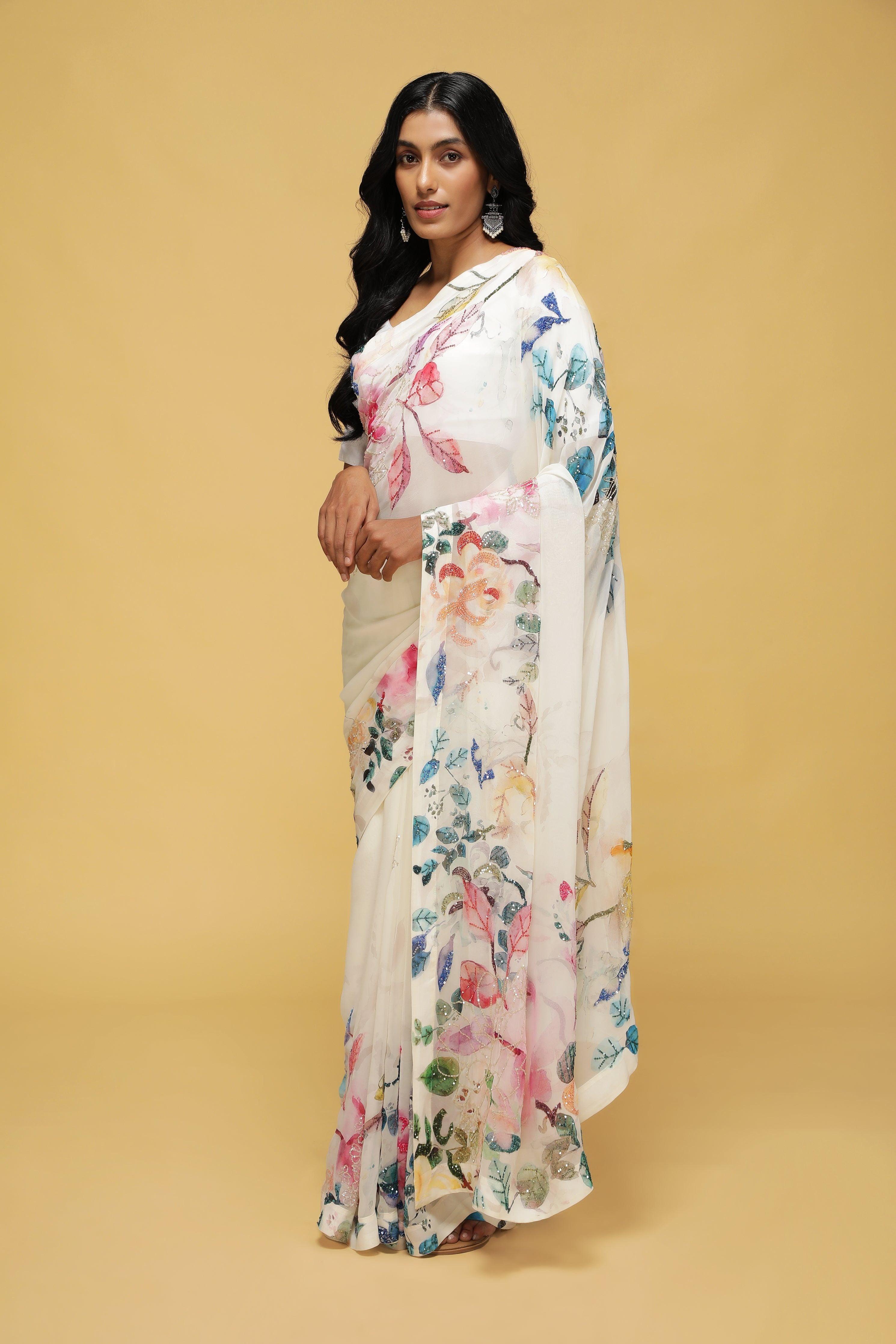 Off-White Georgette Saree with Printed Sequin Border - Mokshaa