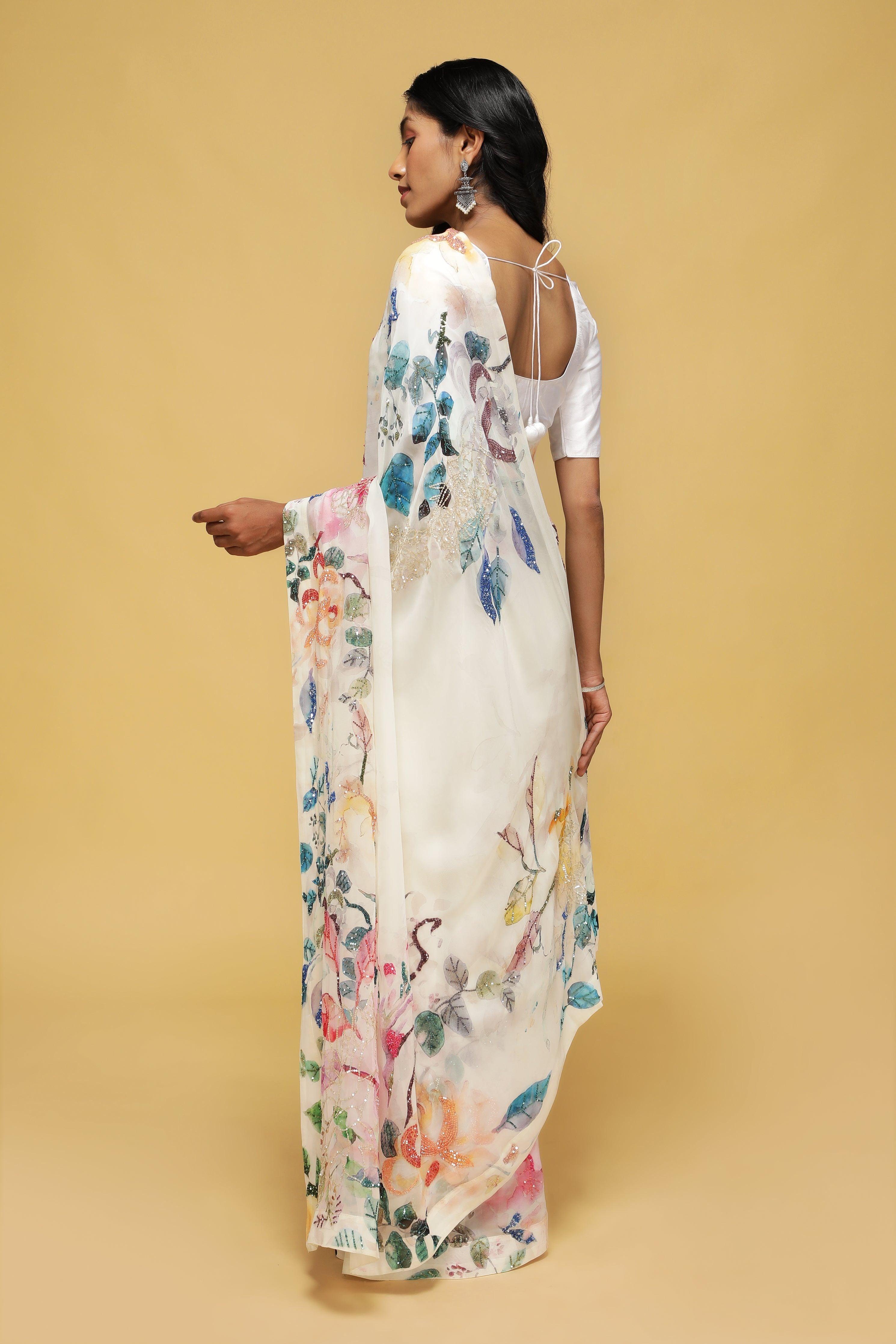 Off-White Georgette Saree with Printed Sequin Border - Mokshaa