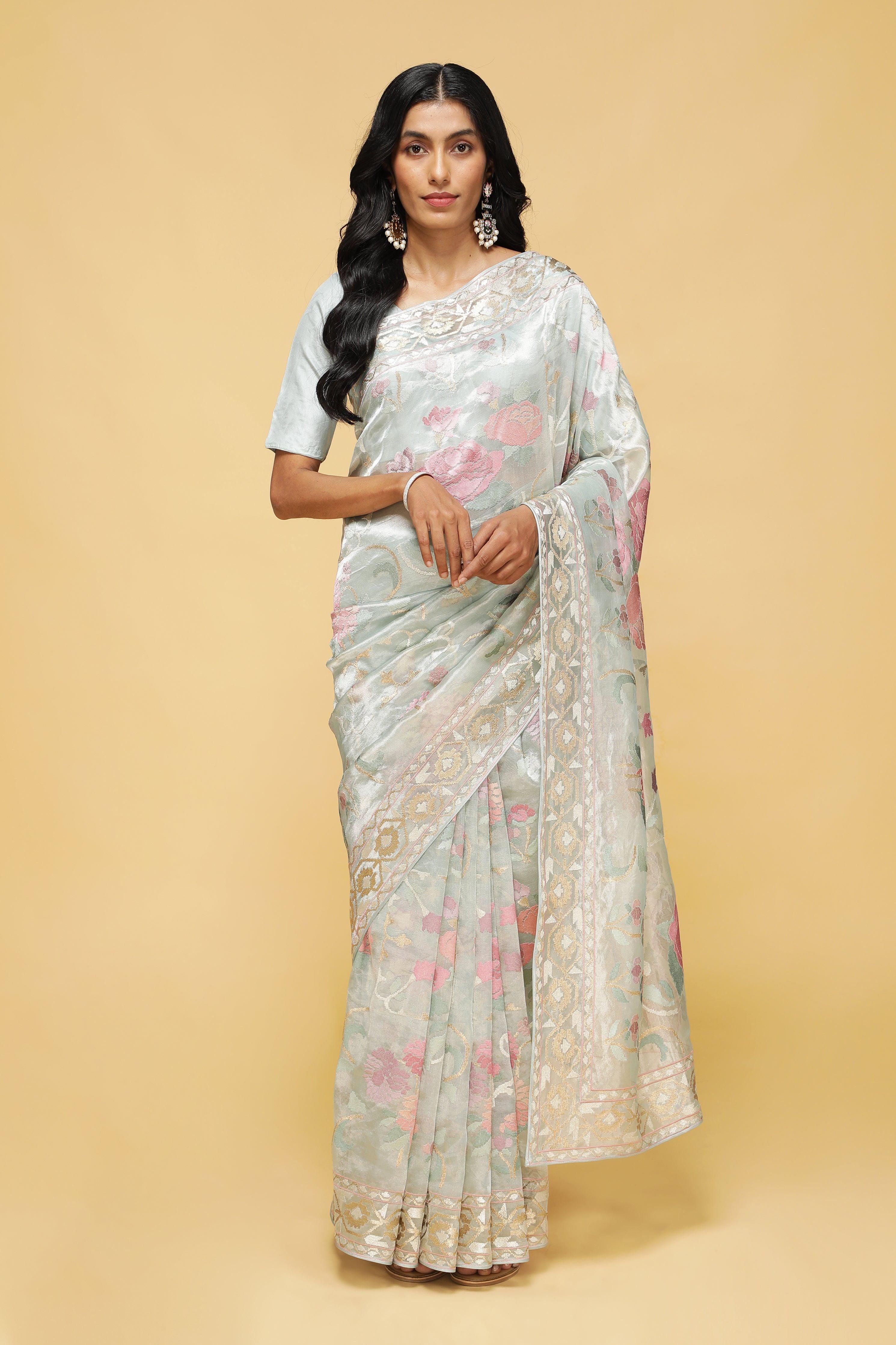 Sea Green Organza Tissue Saree with Floral Zari Weaving - Mokshaa