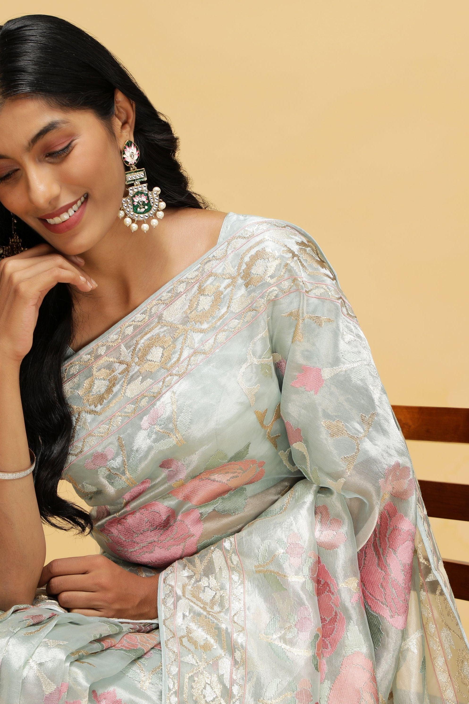 Sea Green Organza Tissue Saree with Floral Zari Weaving - Mokshaa