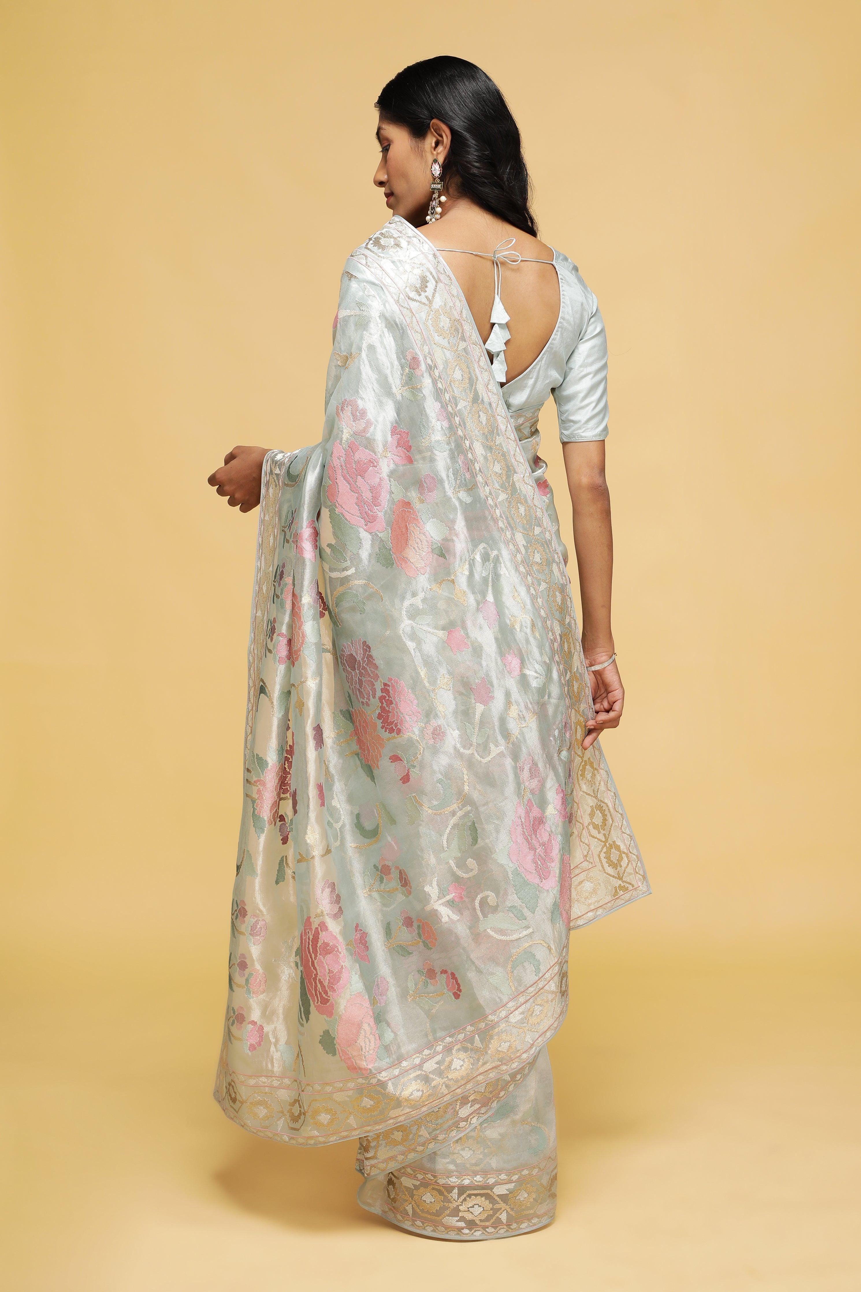 Sea Green Organza Tissue Saree with Floral Zari Weaving - Mokshaa