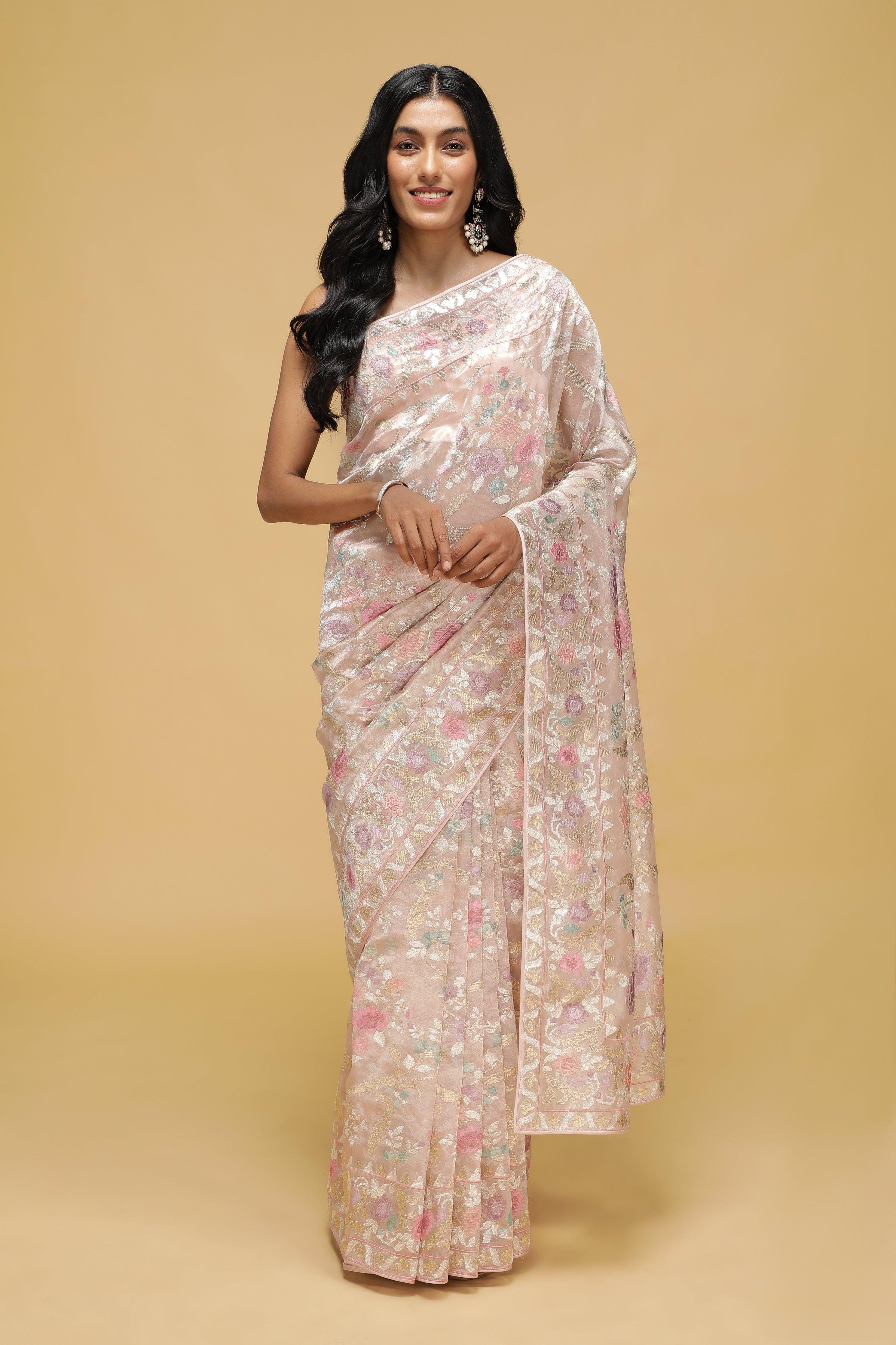 Peach Organza Tissue Saree with Zari & Thread Floral Work - Mokshaa