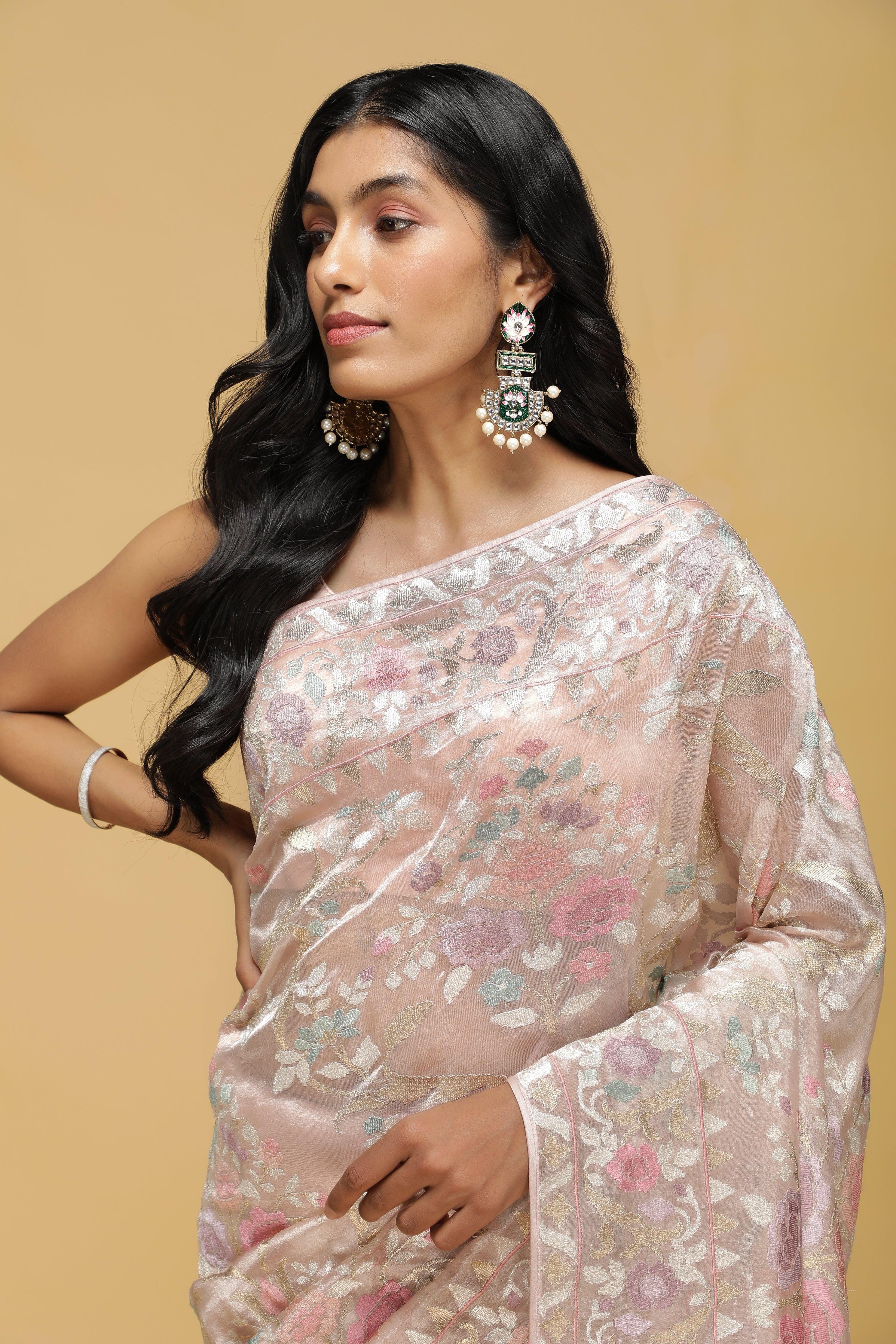 Peach Organza Tissue Saree with Zari & Thread Floral Work - Mokshaa