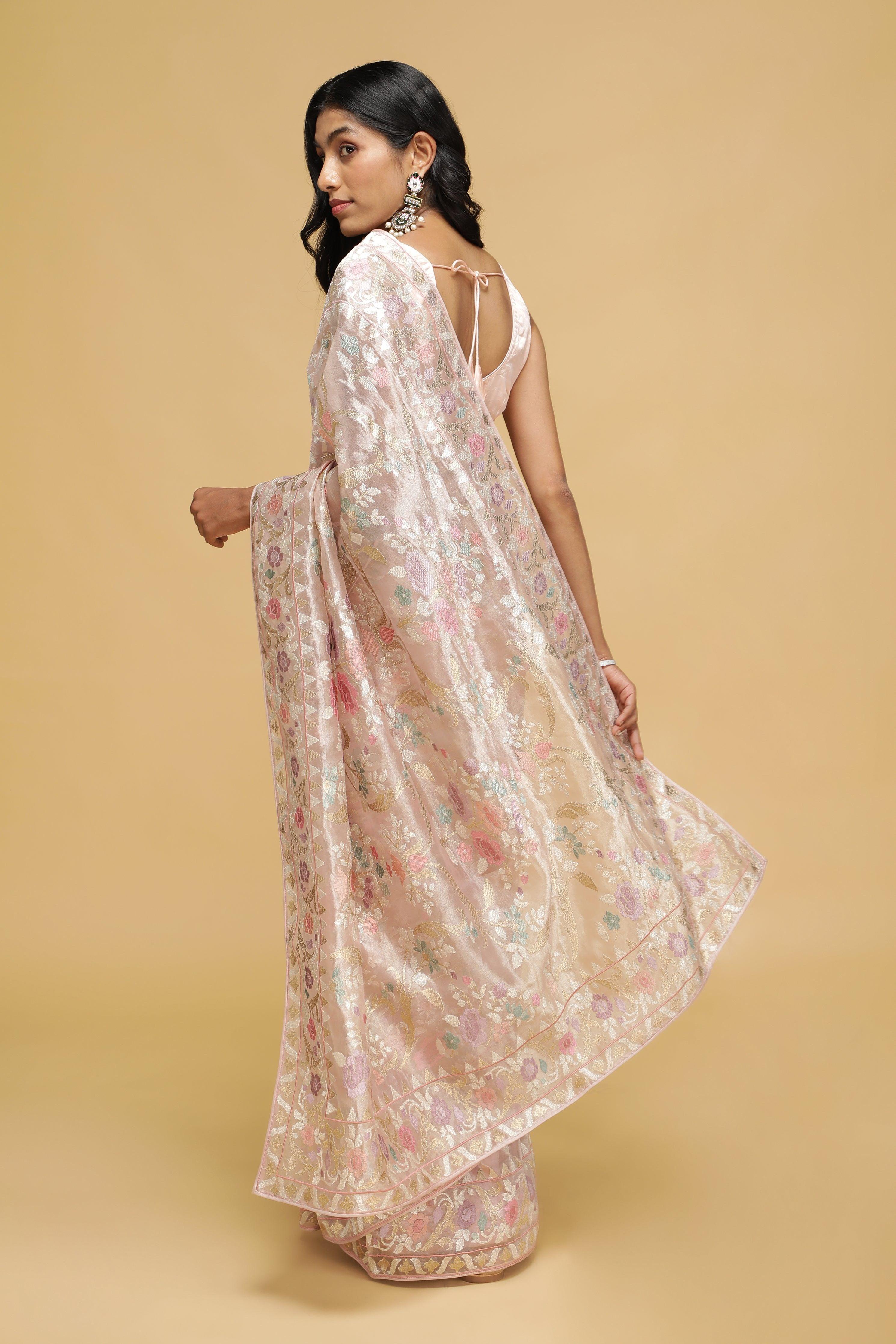 Peach Organza Tissue Saree with Zari & Thread Floral Work - Mokshaa