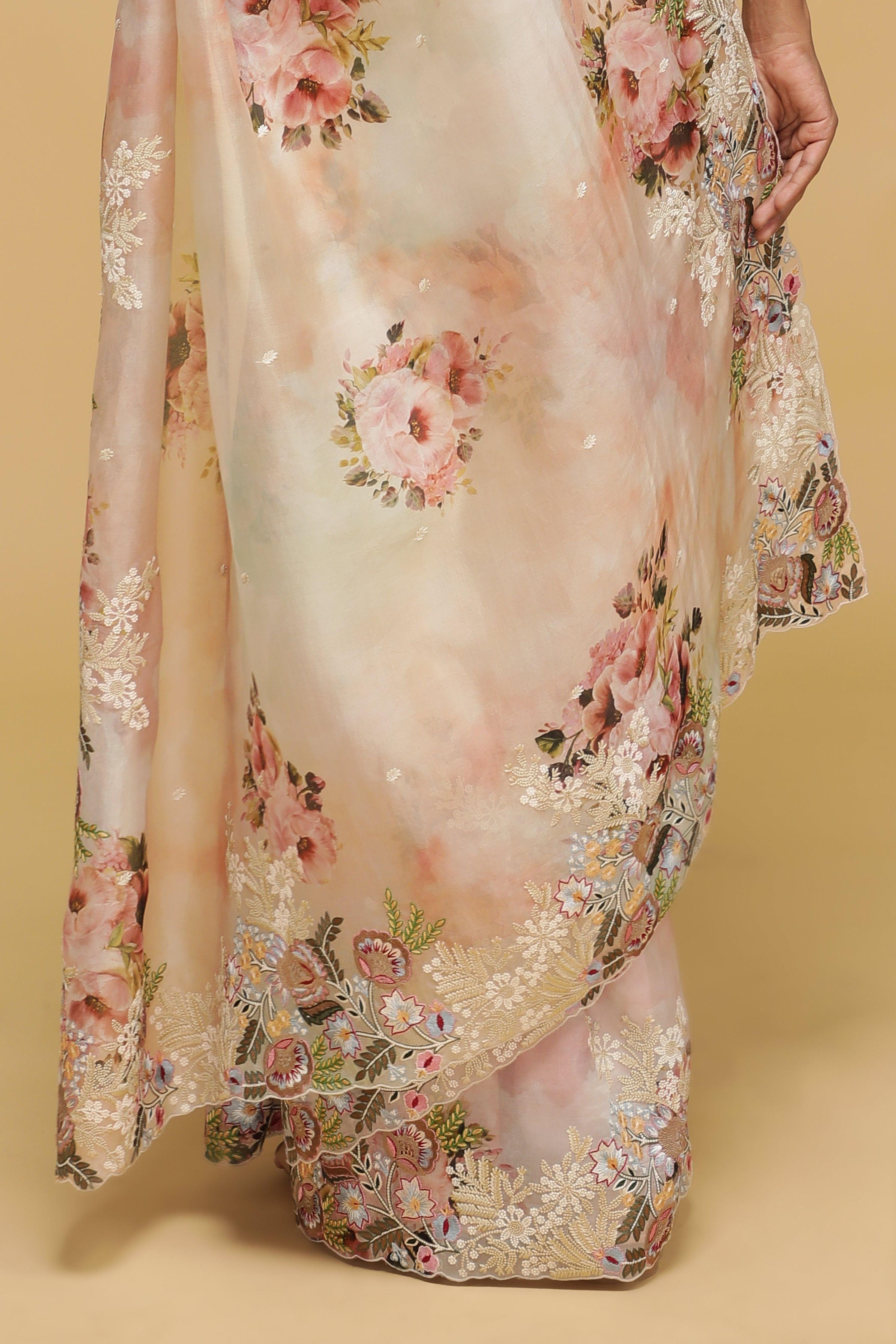 Peach-Green Organza Saree with Floral Thread Embroidery - Mokshaa