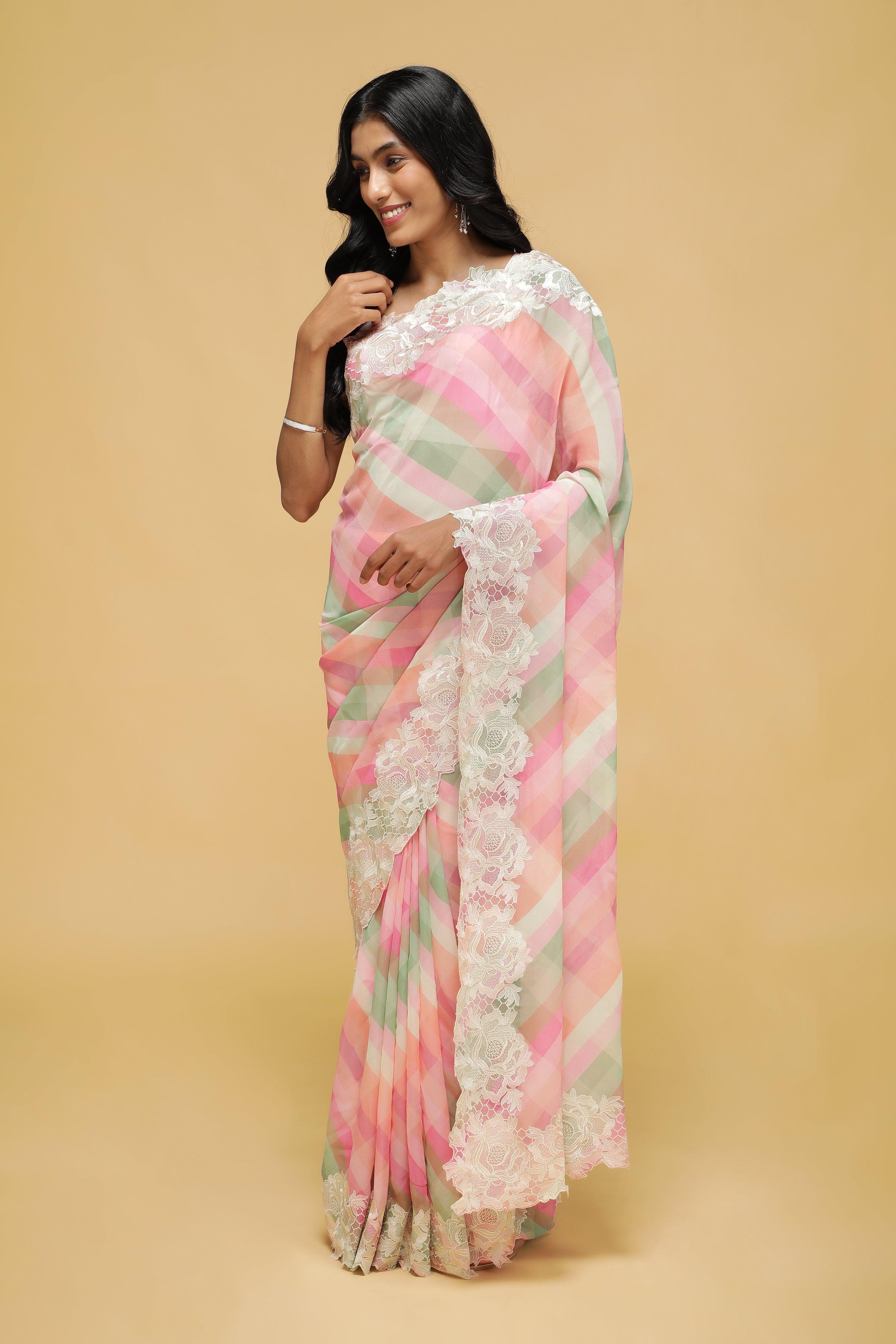 Peach-Pink Multicolour Georgette Saree with Thread Lace Border - Mokshaa