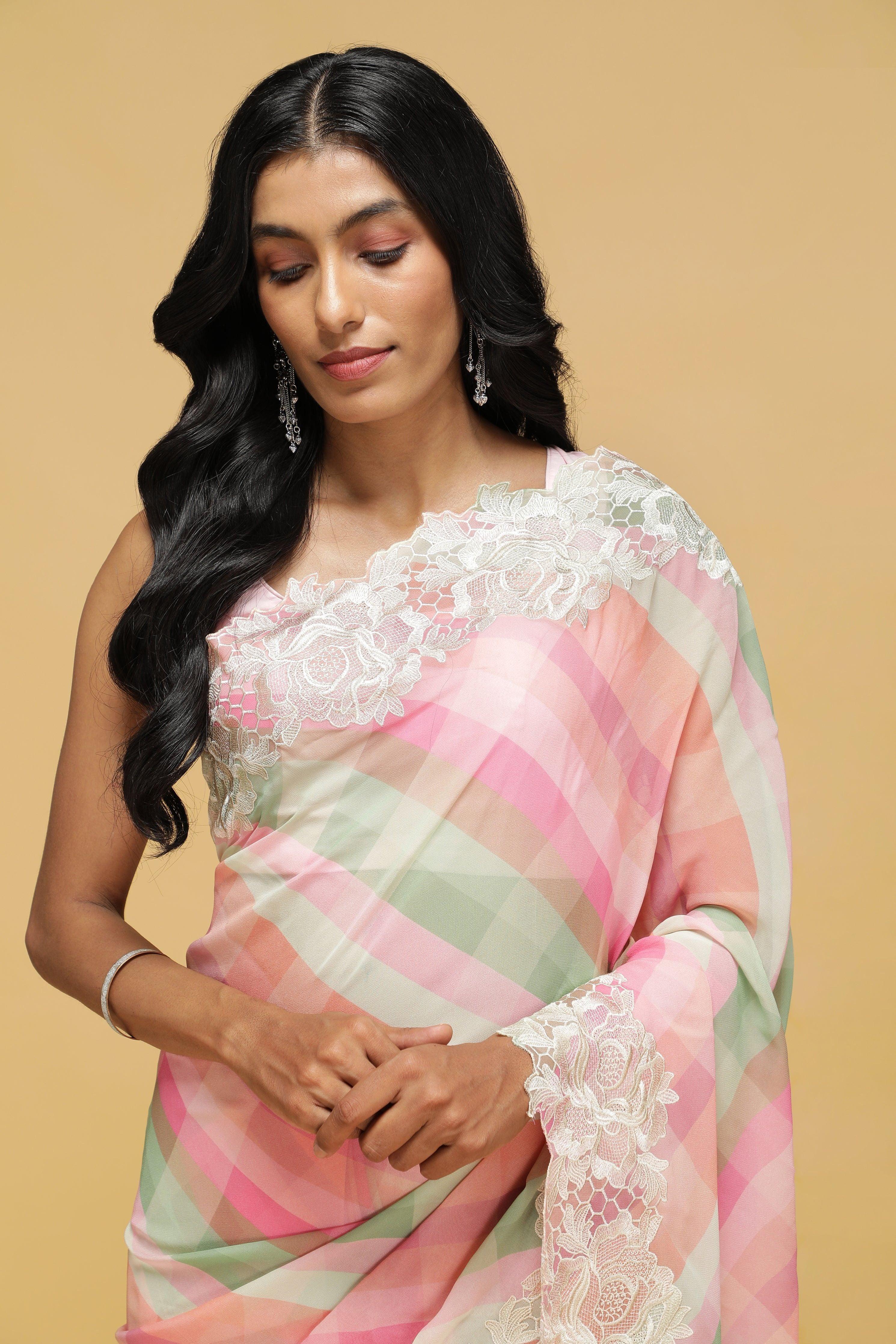 Peach-Pink Multicolour Georgette Saree with Thread Lace Border - Mokshaa