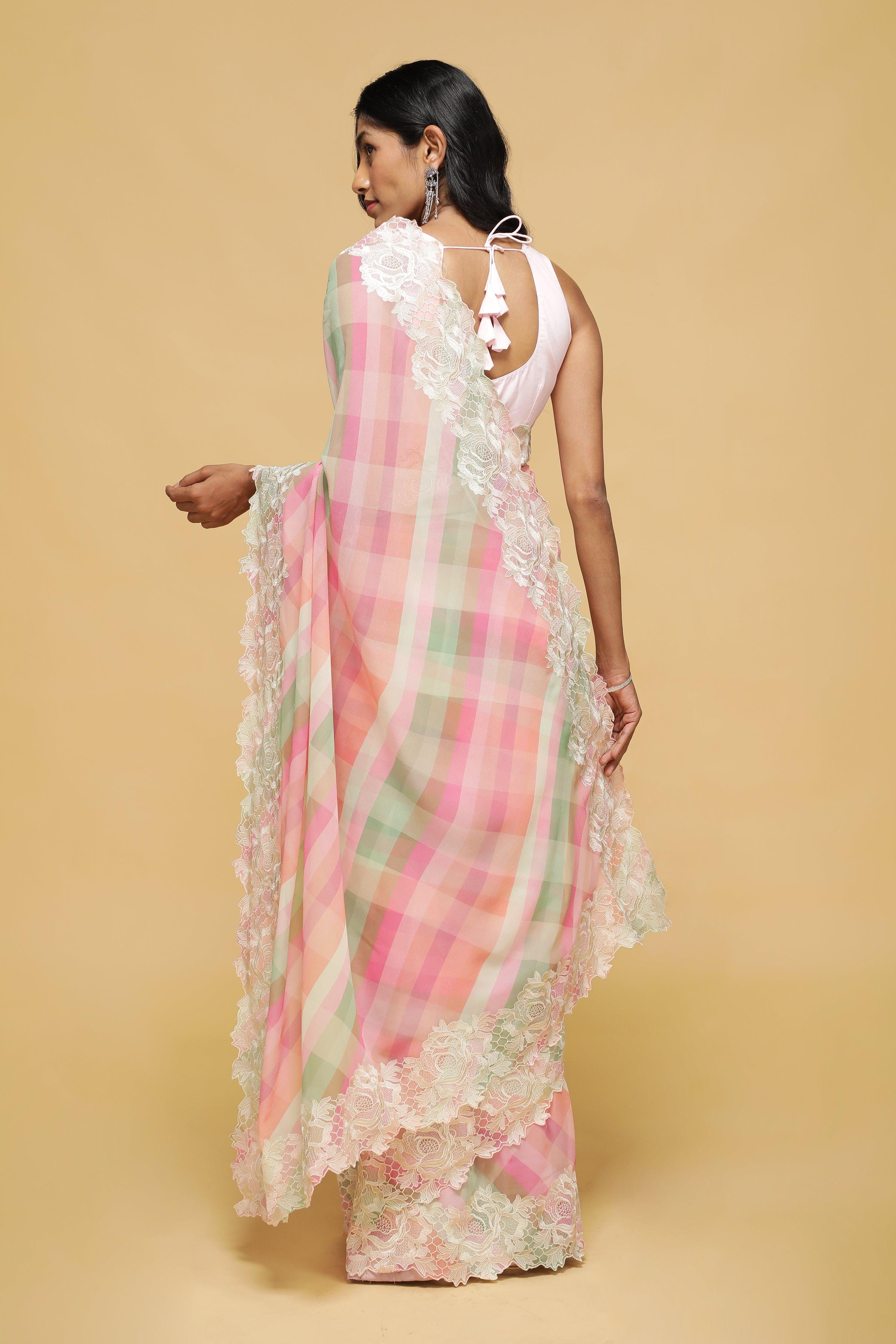 Peach-Pink Multicolour Georgette Saree with Thread Lace Border - Mokshaa