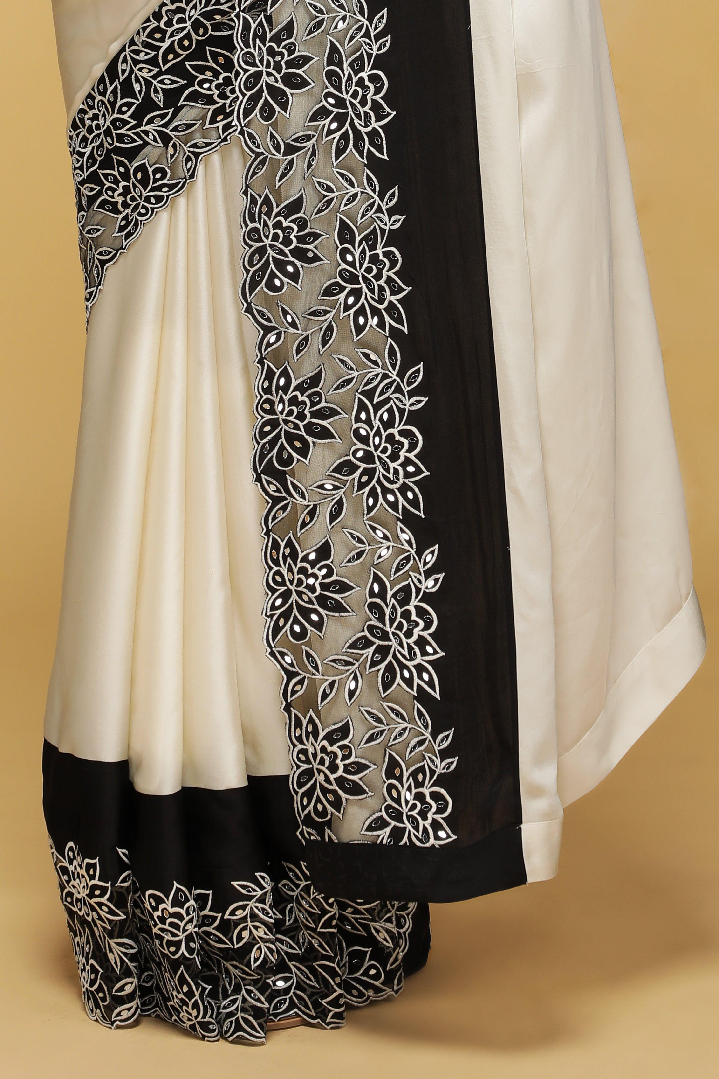 Off-White Satin Saree with Black Mirror & Thread Embroidery Border - Mokshaa