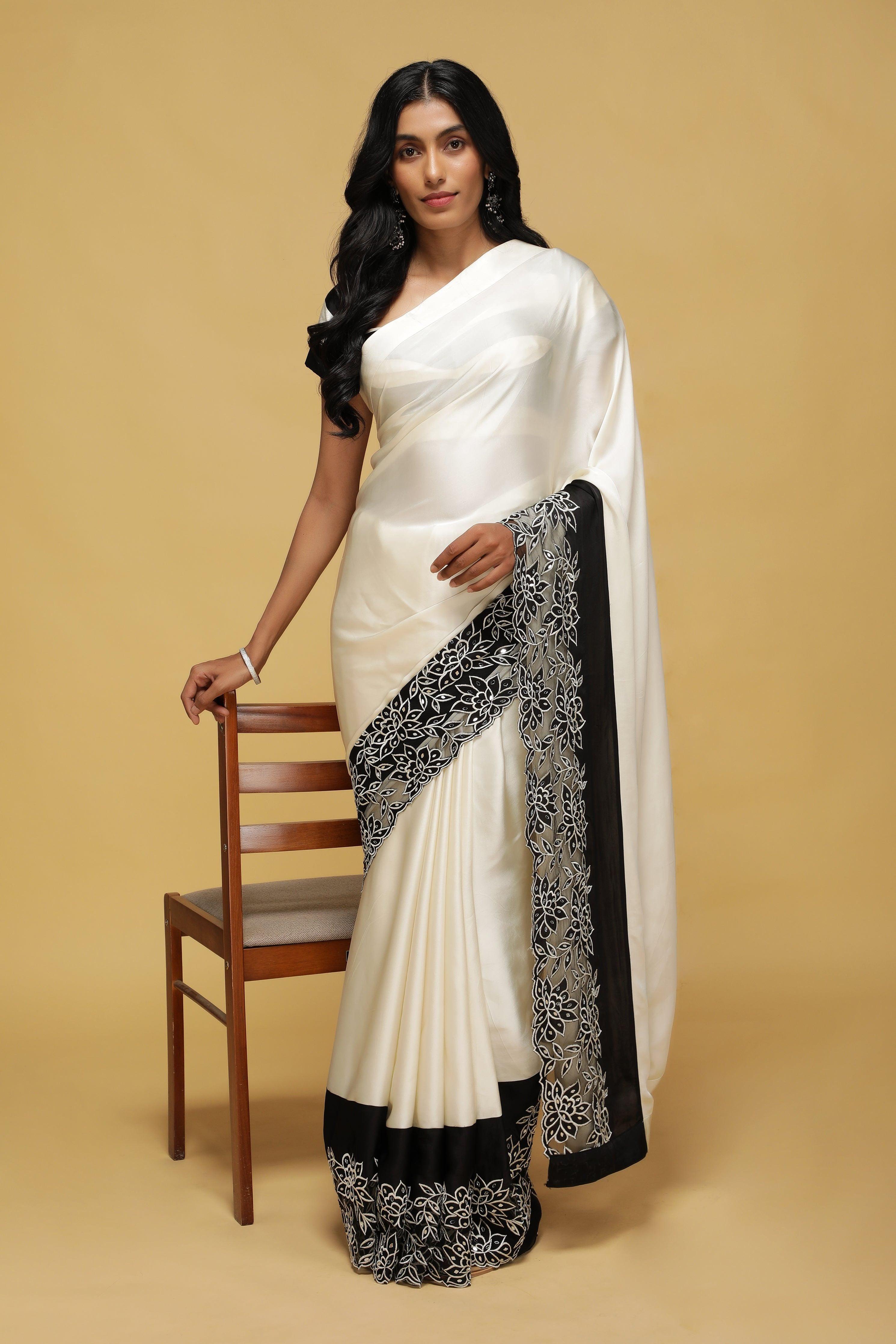 Off-White Satin Saree with Black Mirror & Thread Embroidery Border - Mokshaa