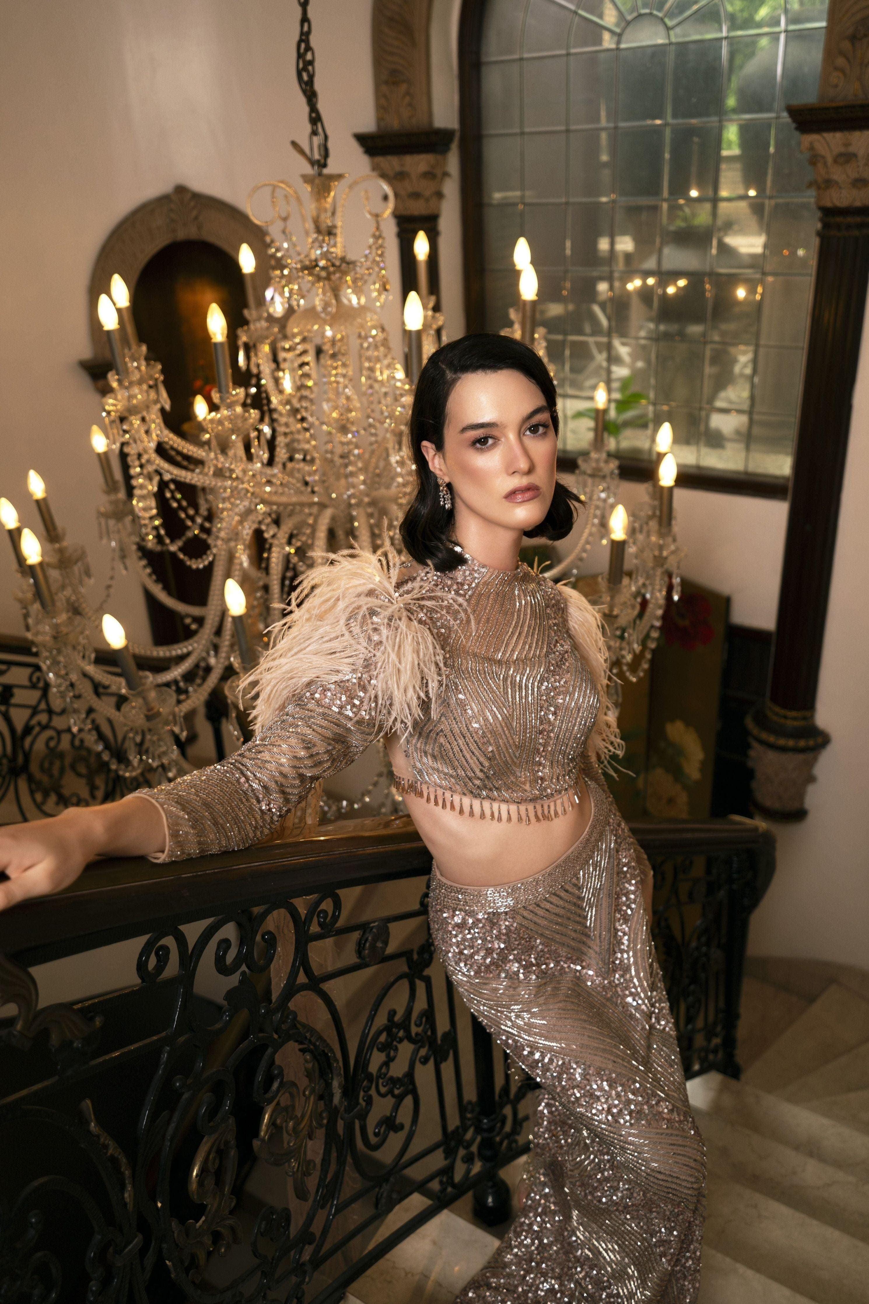 Glamorous Embellished Skirt And Blouse With Feathered Sleeves - Mokshaa