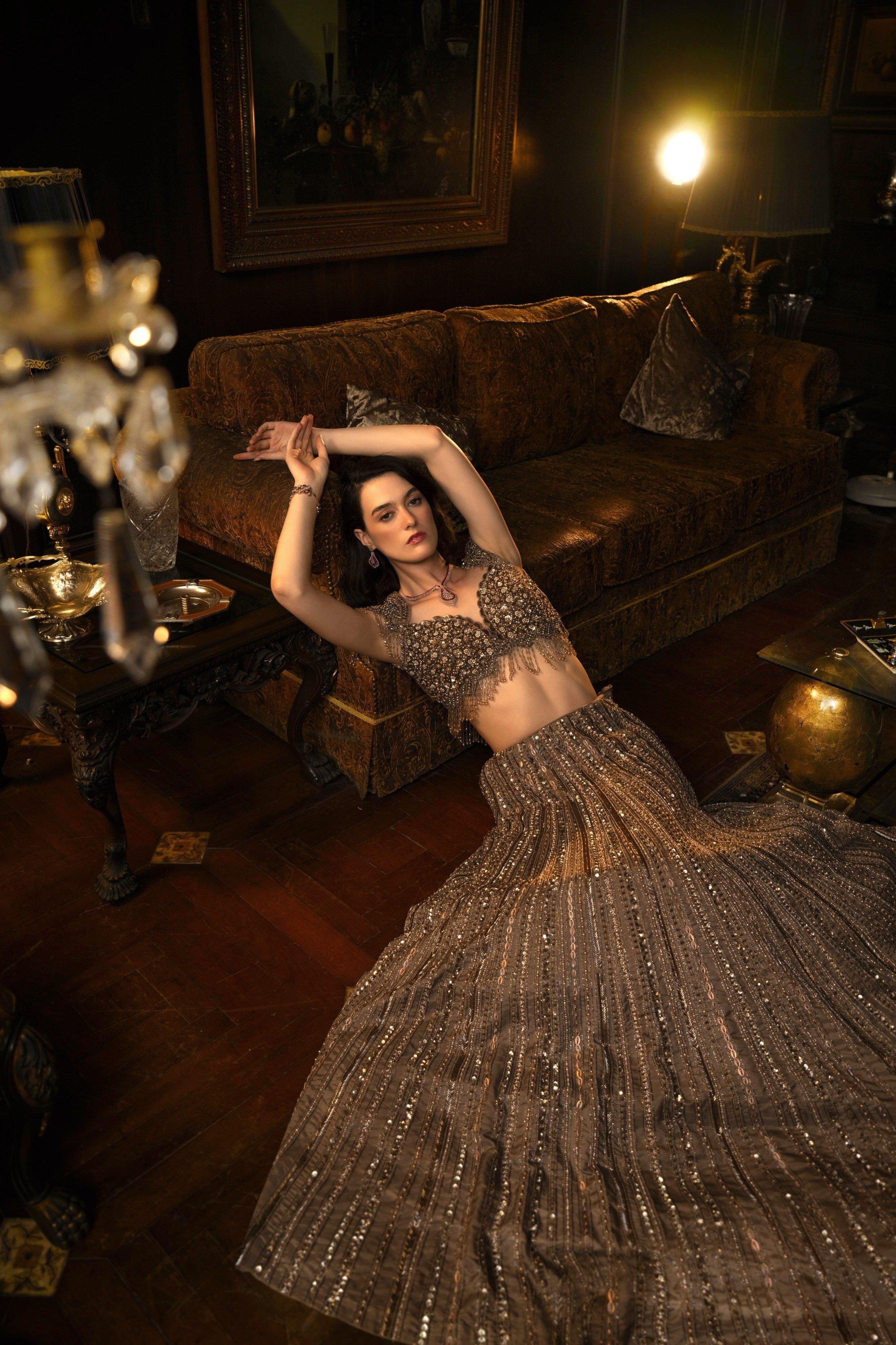 Coffee Brown Tissue Organza Lehenga Set - Mokshaa