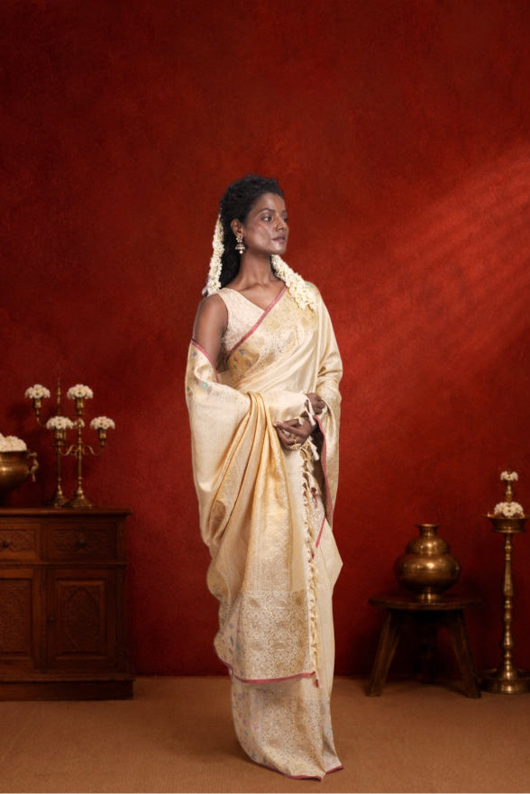 Cream Kanchipuram Silk Saree - Mokshaa