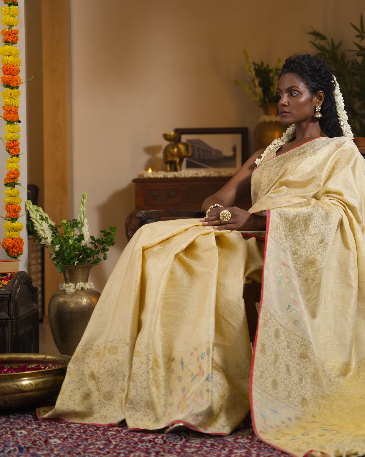 Cream Kanchipuram Silk Saree - Mokshaa