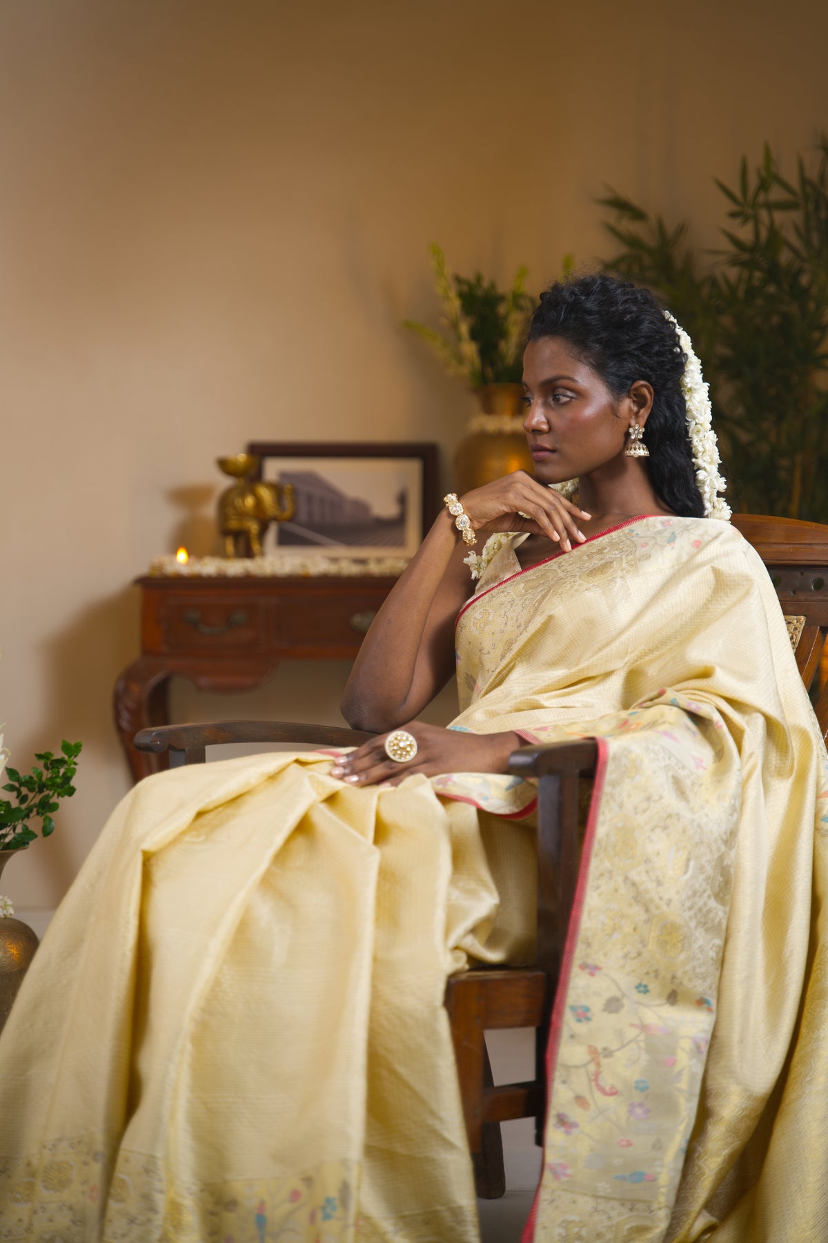 Cream Kanchipuram Silk Saree - Mokshaa