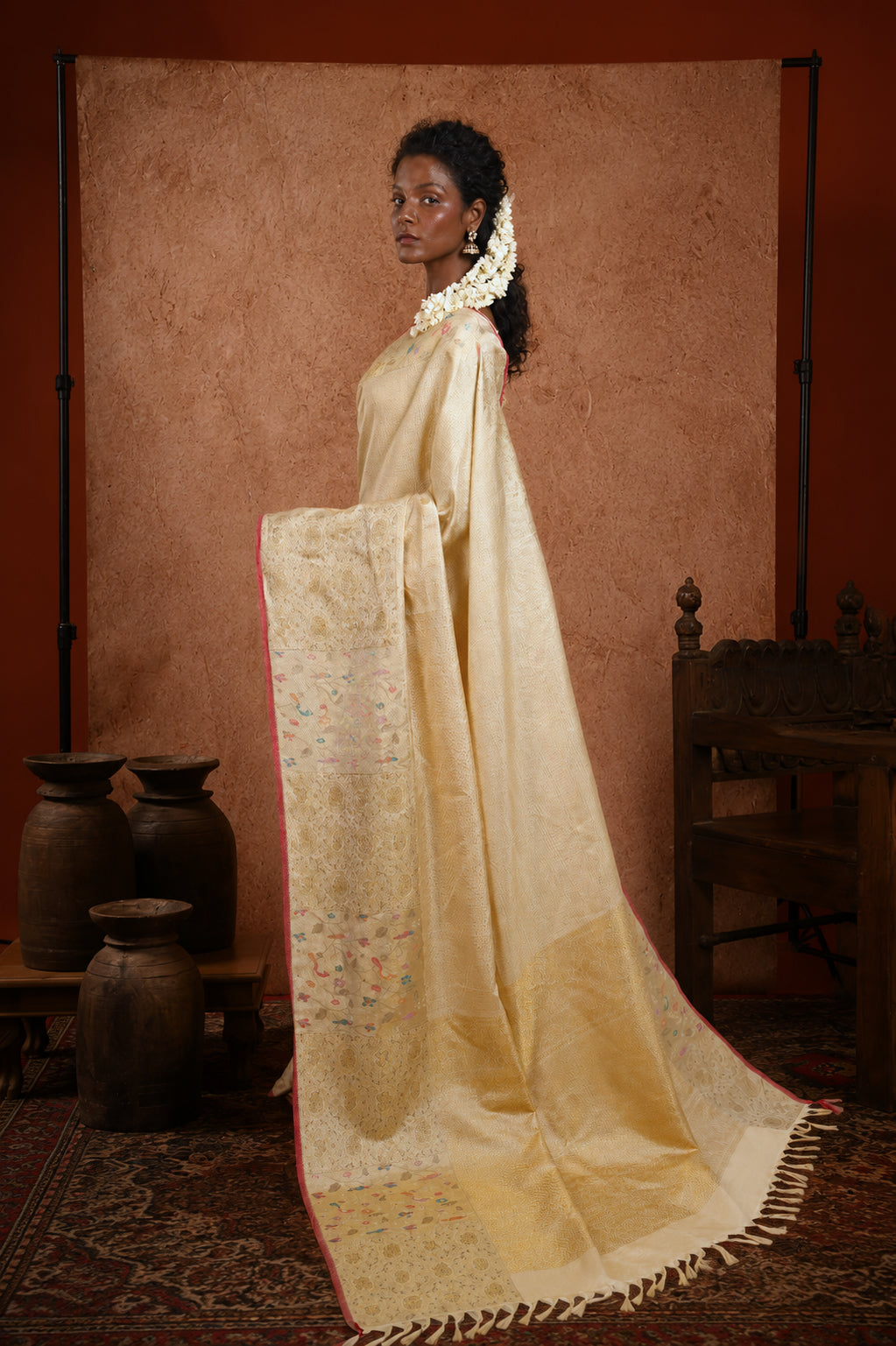 Cream Kanchipuram Silk Saree - Mokshaa