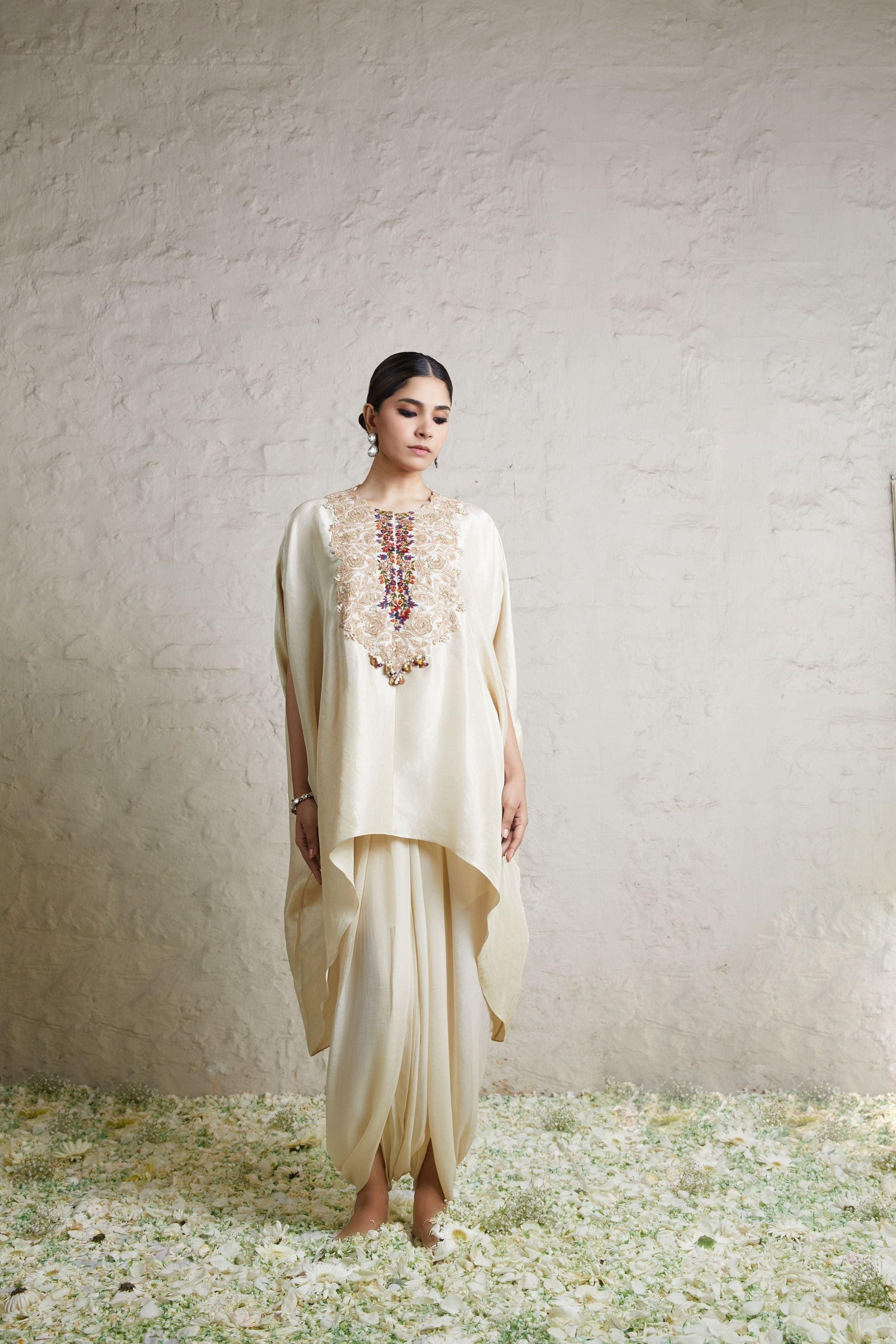 Ivory Silk Kaftaan With Crepe Dhoti - Mokshaa