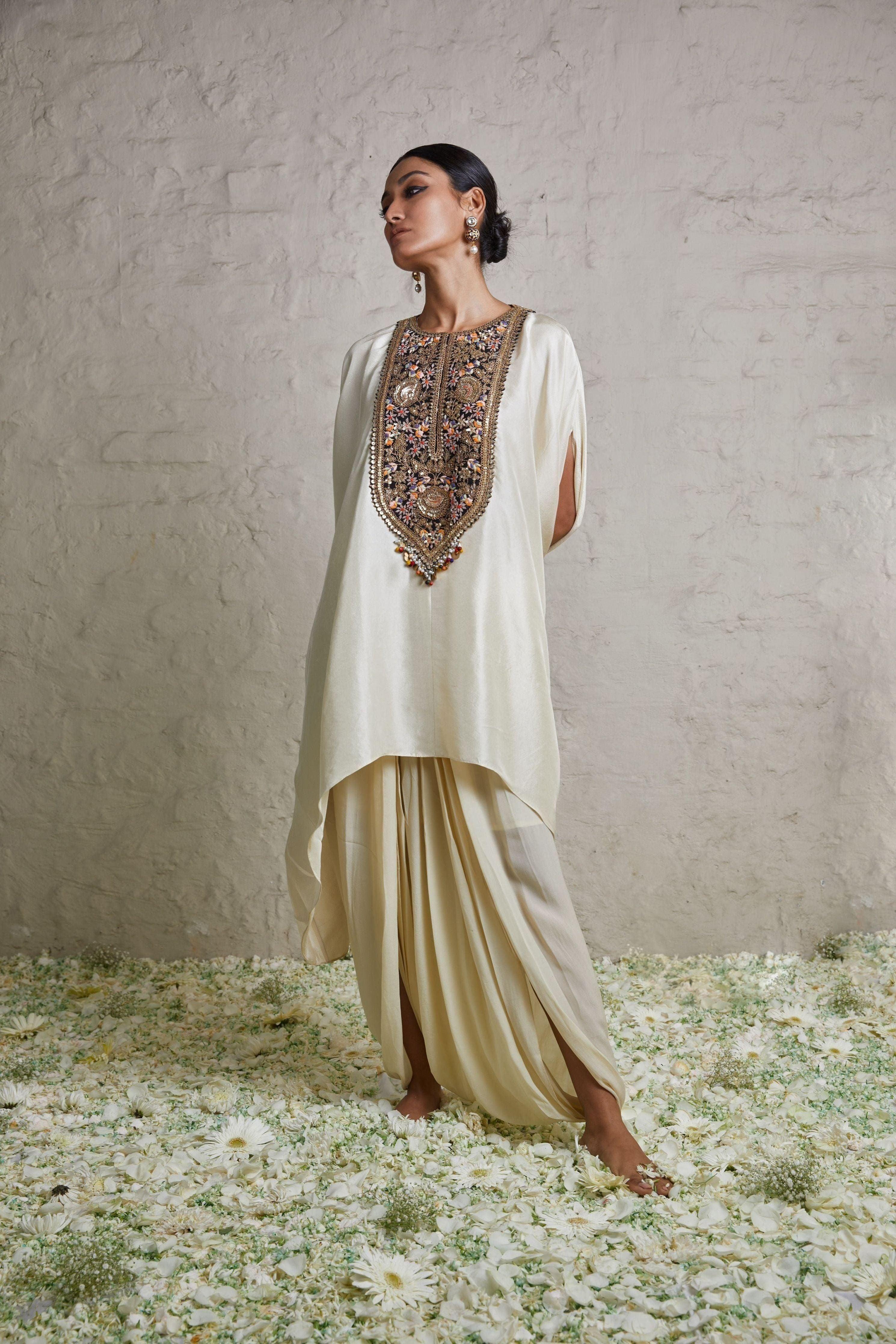 Ivory Silk Kaftaan With Crepe Dhoti - Mokshaa