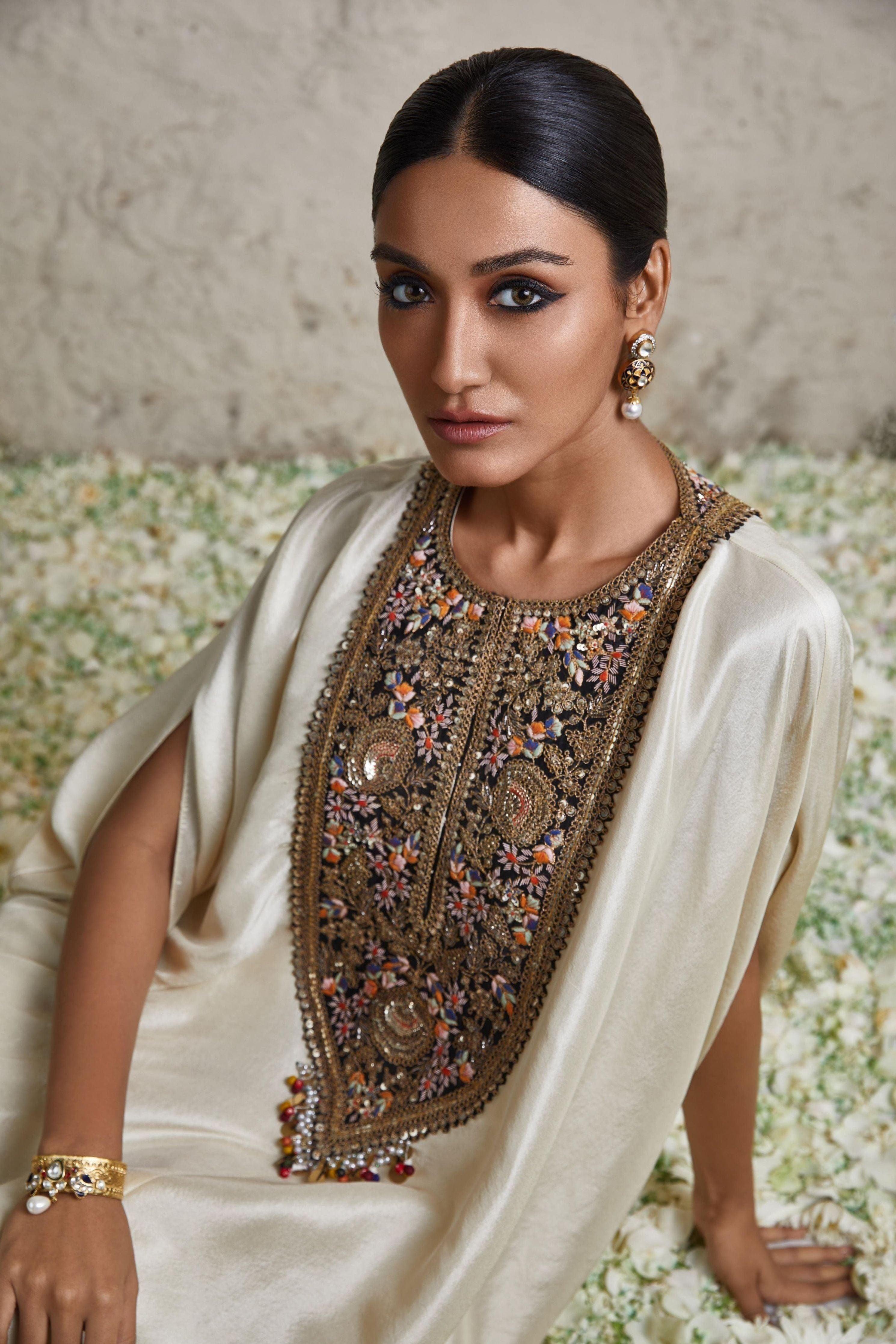 Ivory Silk Kaftaan With Crepe Dhoti - Mokshaa