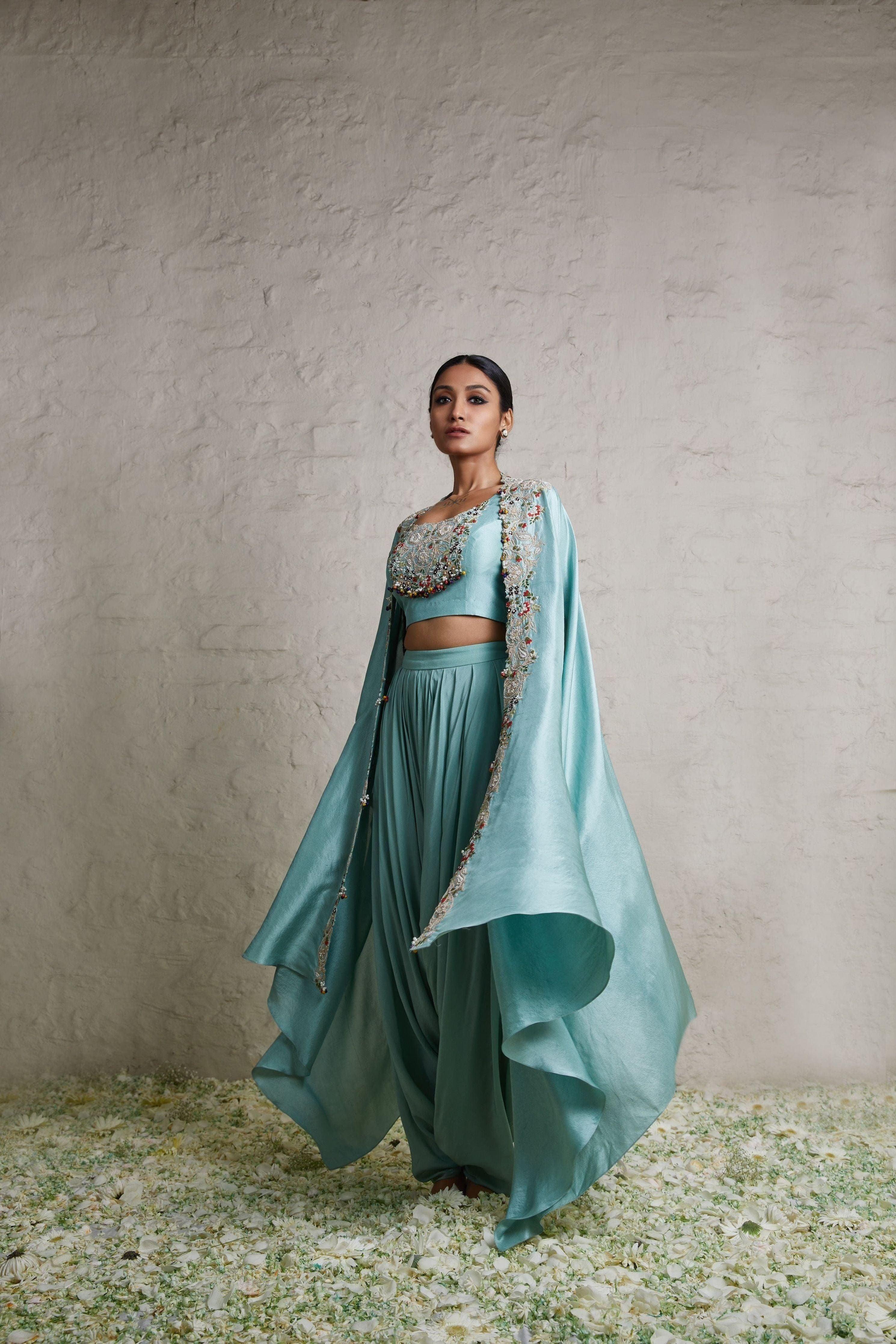 Aqua Silk Blouse With Silk Jacket And Crepe Dhoti - Mokshaa