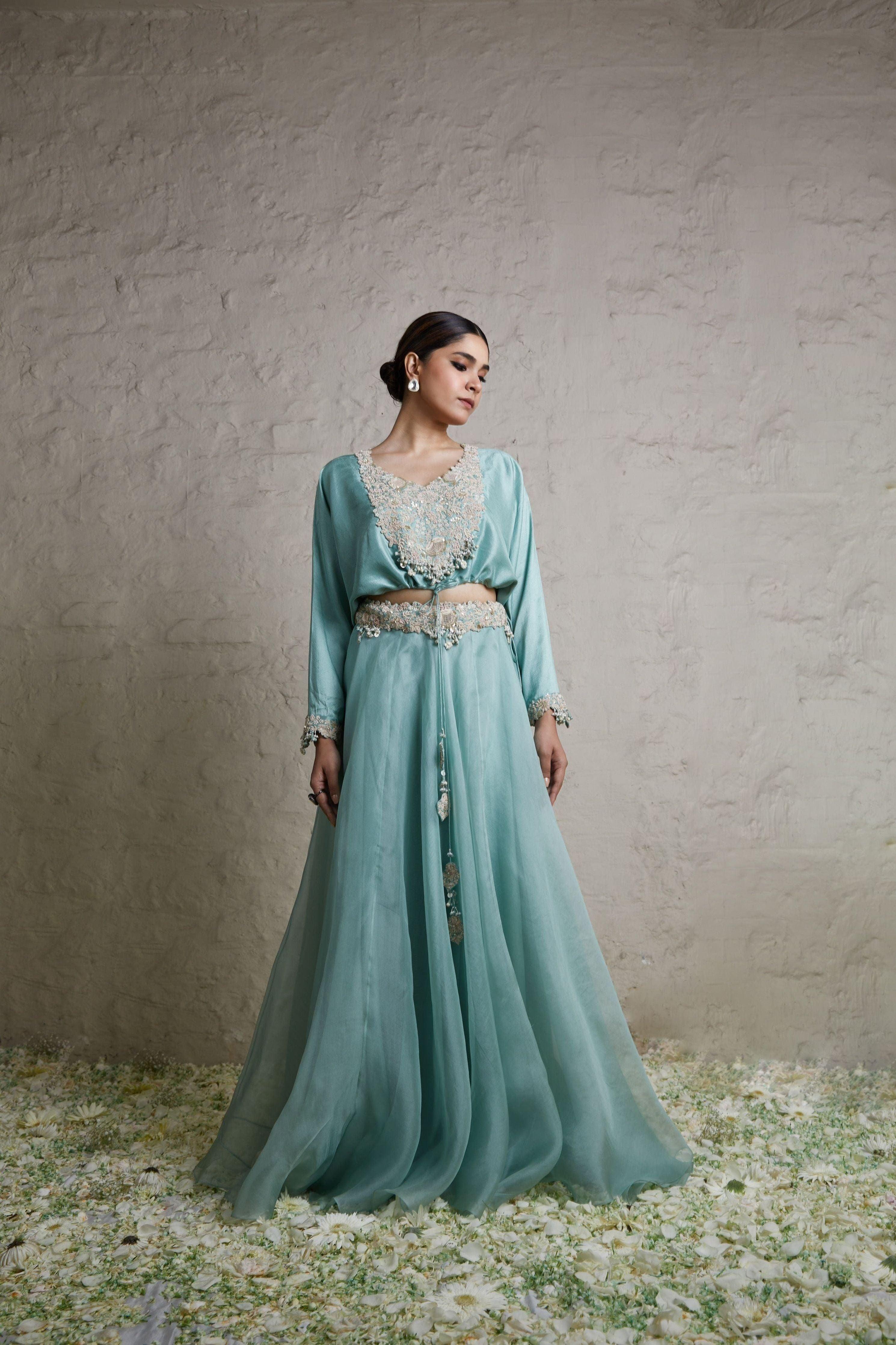 Aqua Silk Blouse With Organza Skirt - Mokshaa