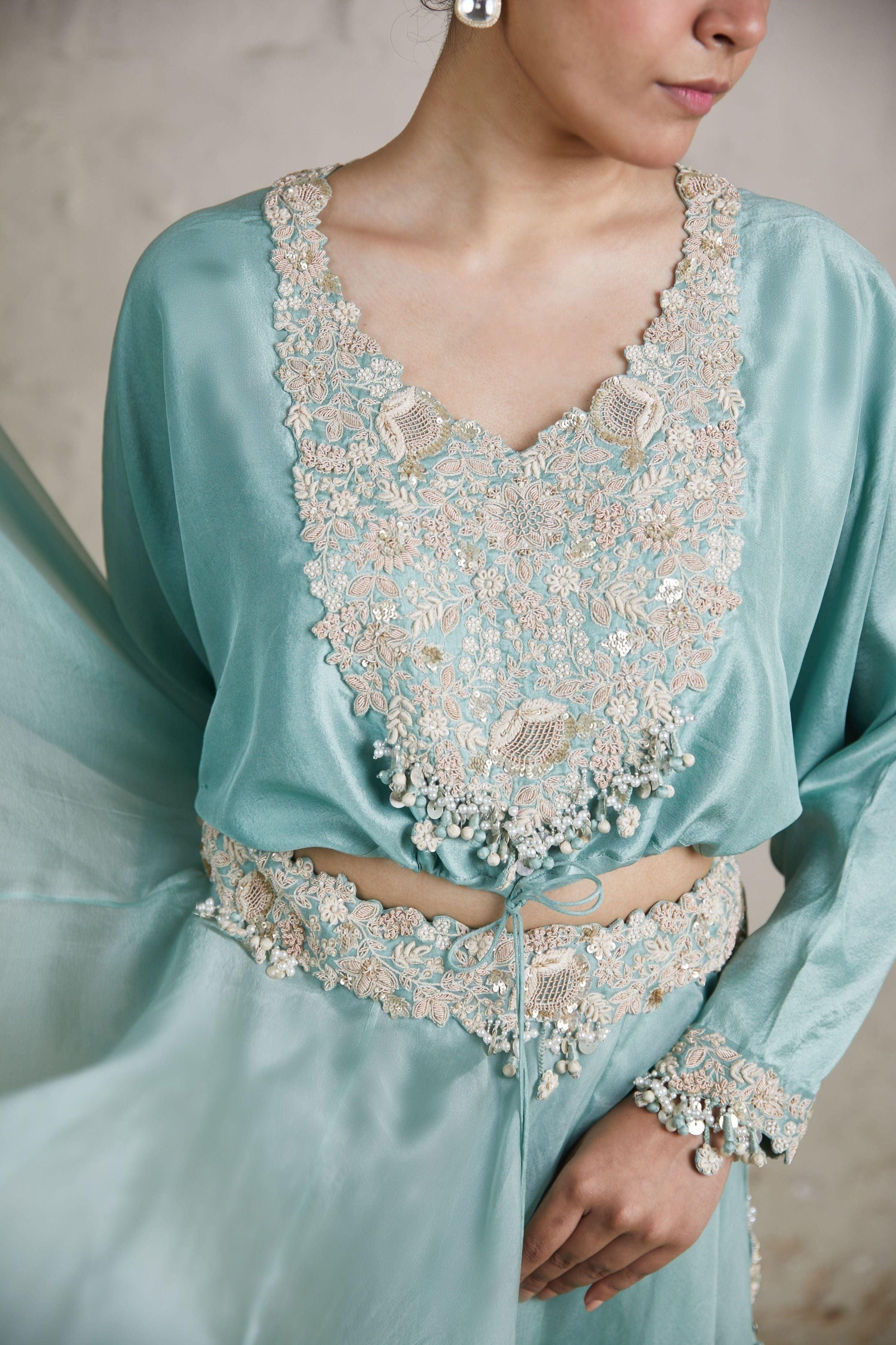 Aqua Silk Blouse With Organza Skirt - Mokshaa