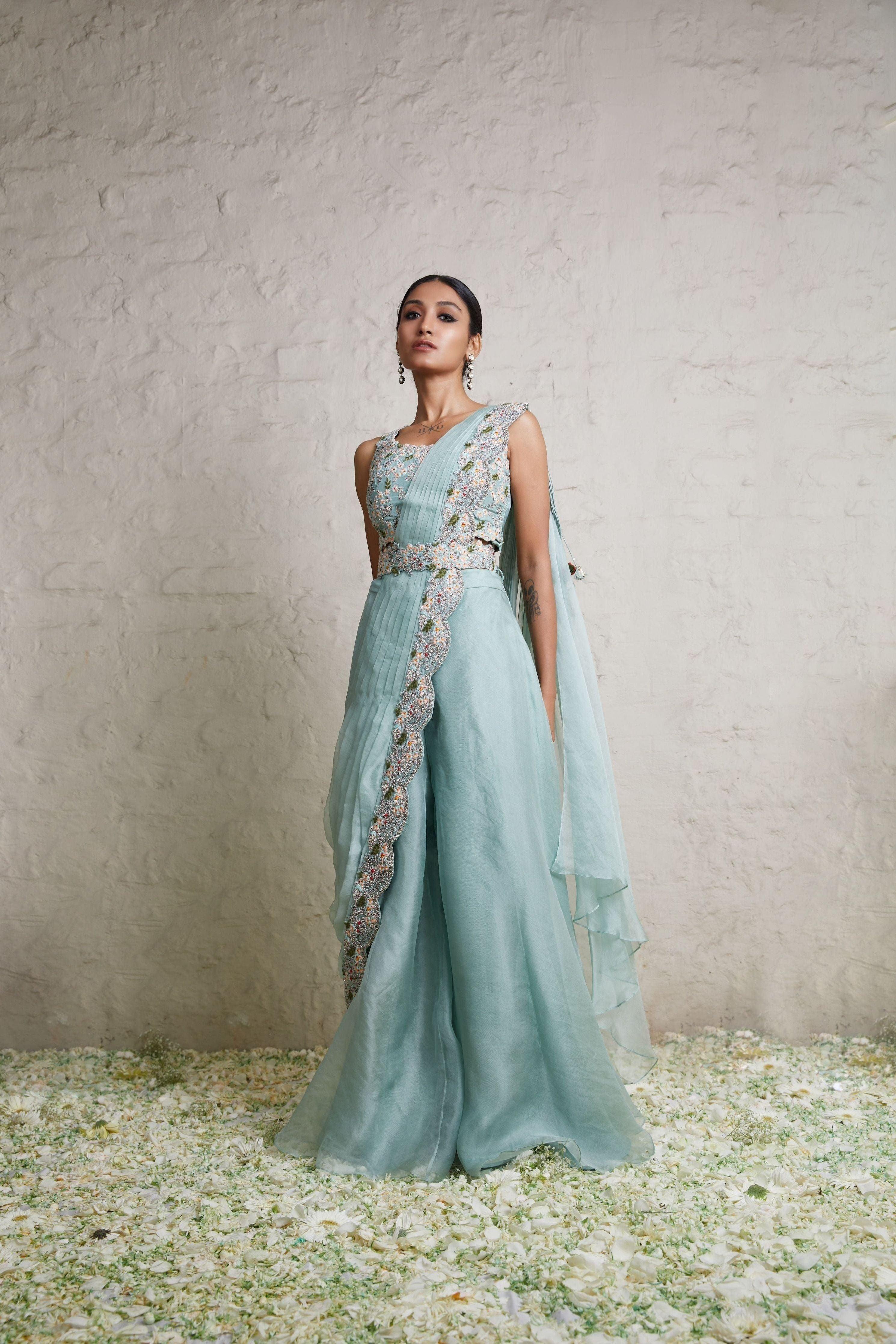 Aqua Silk Blouse With Organza Drape And Organza Sharara - Mokshaa