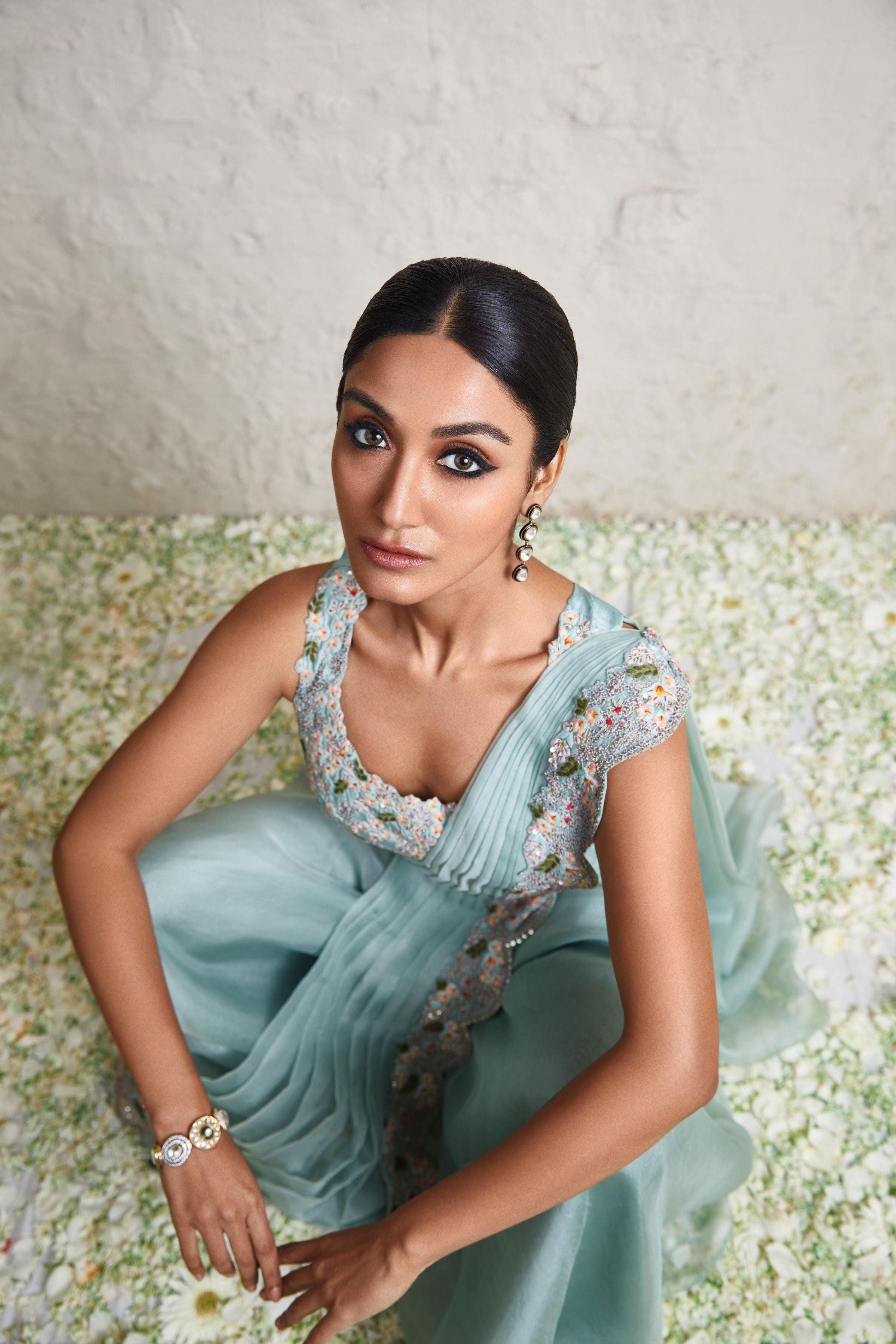Aqua Silk Blouse With Organza Drape And Organza Sharara - Mokshaa