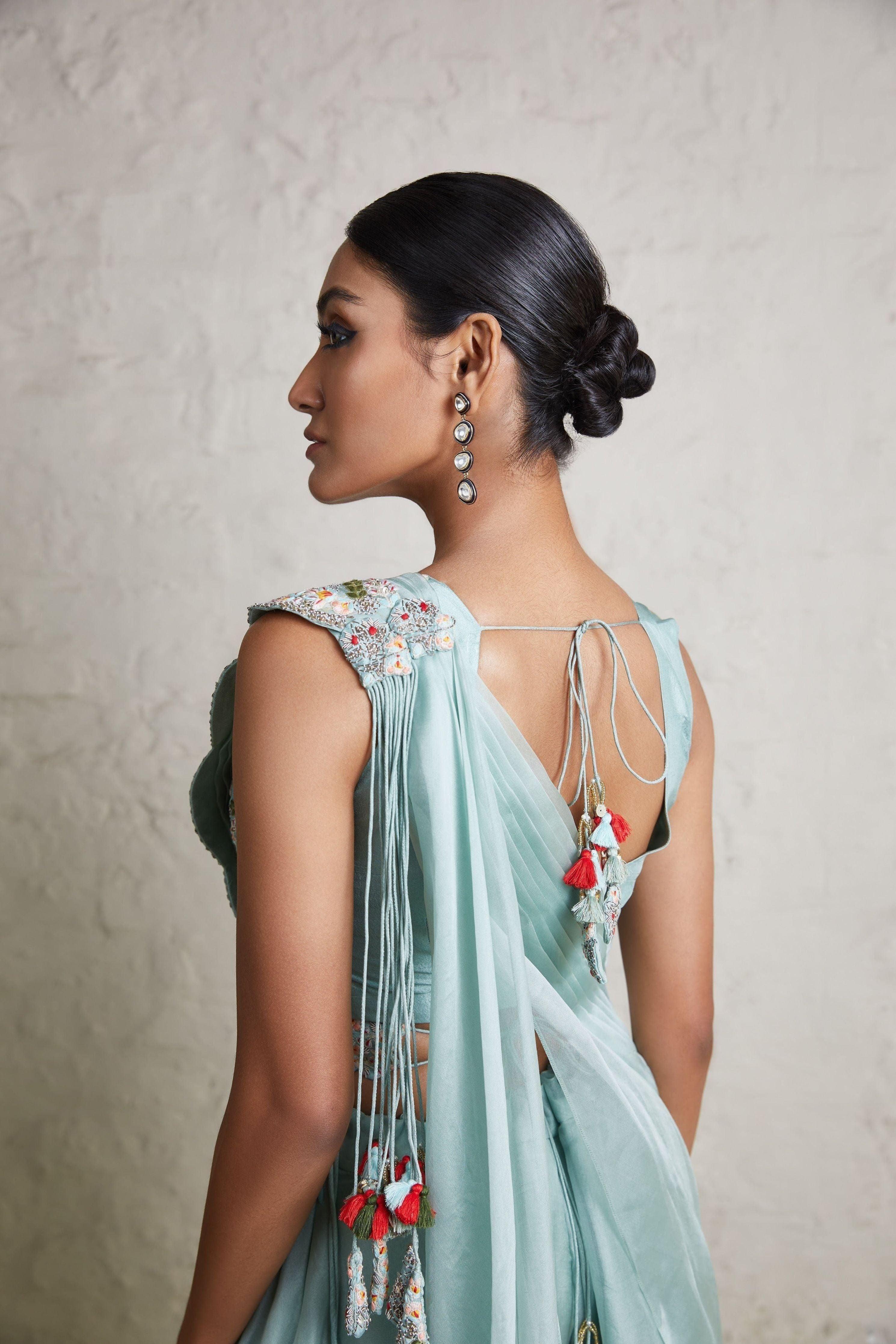 Aqua Silk Blouse With Organza Drape And Organza Sharara - Mokshaa