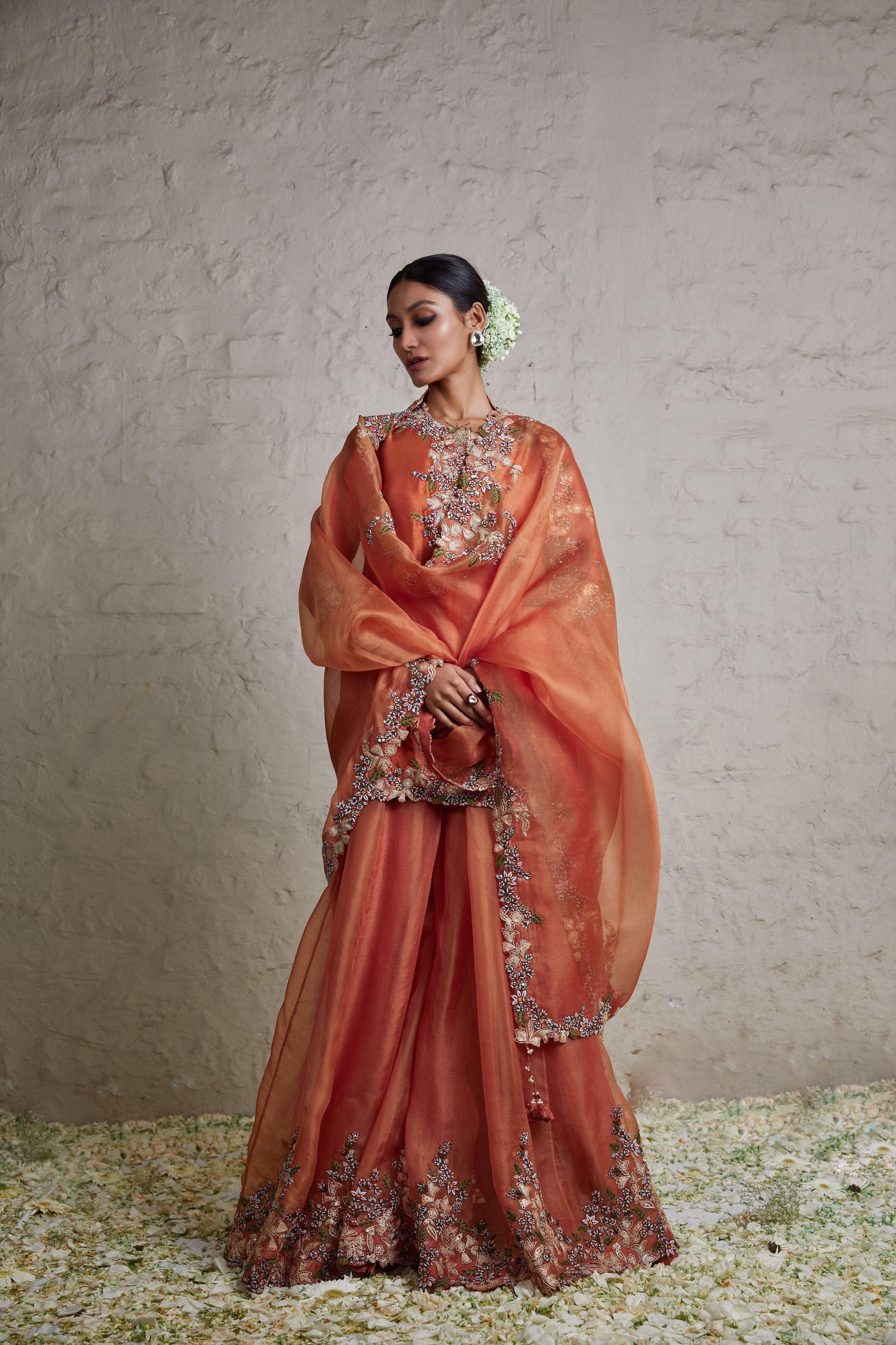 Burnt Orange Silk Kurta With Organza Sharara And Organza Dupatta - Mokshaa