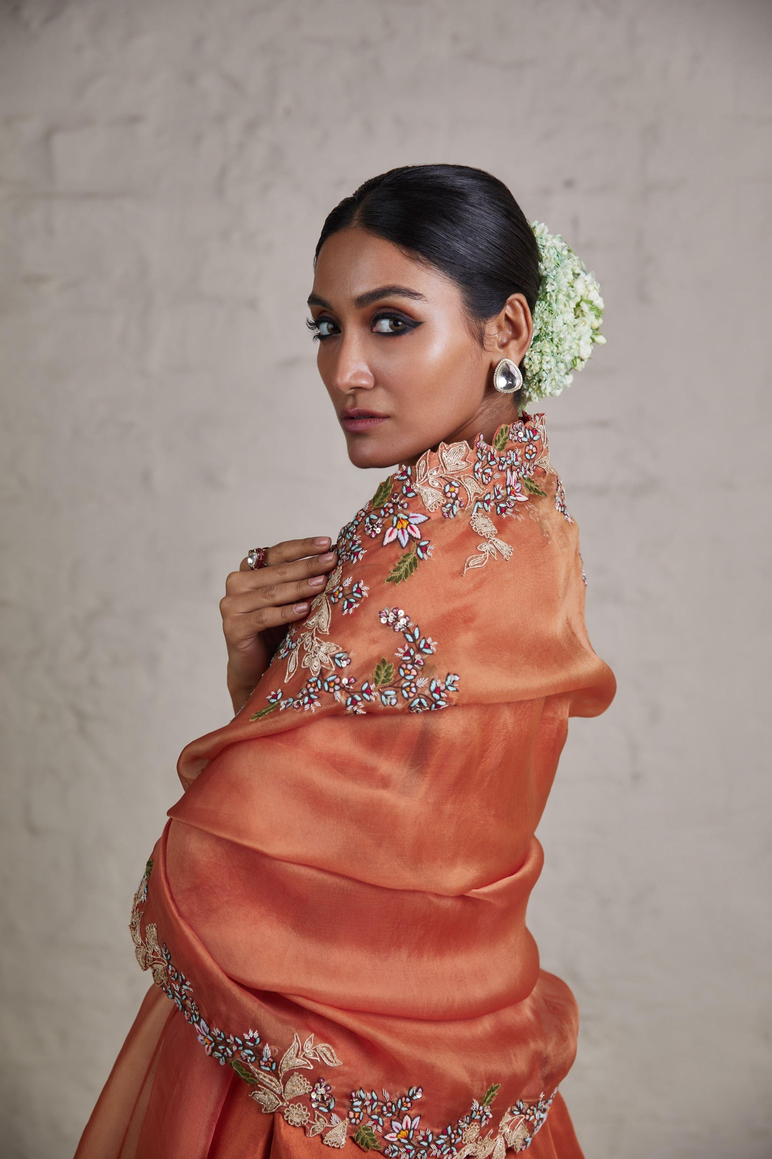 Burnt Orange Silk Kurta With Organza Sharara And Organza Dupatta - Mokshaa
