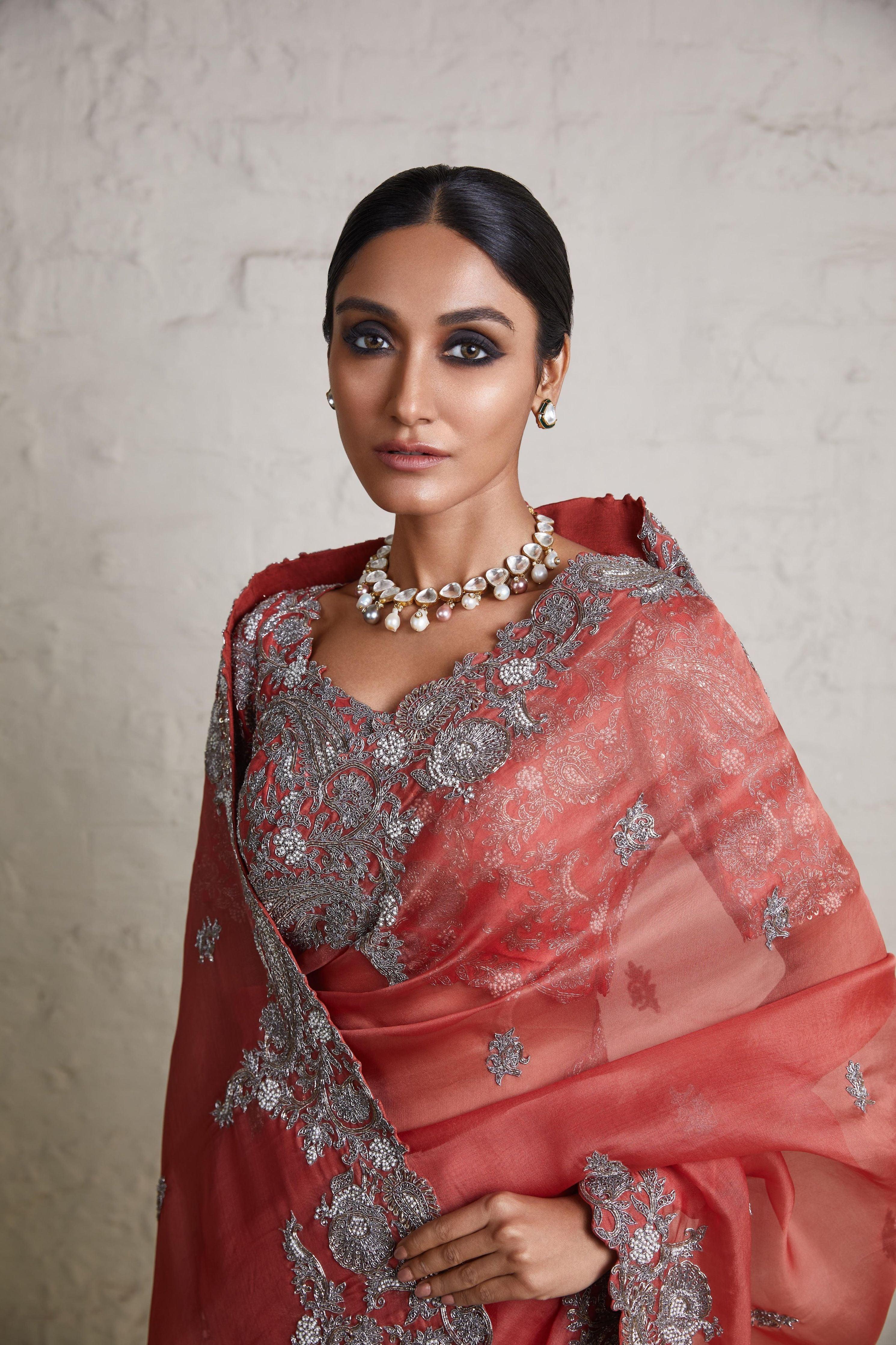 Burnt Orange Silk Blouse With Organza Saree - Mokshaa