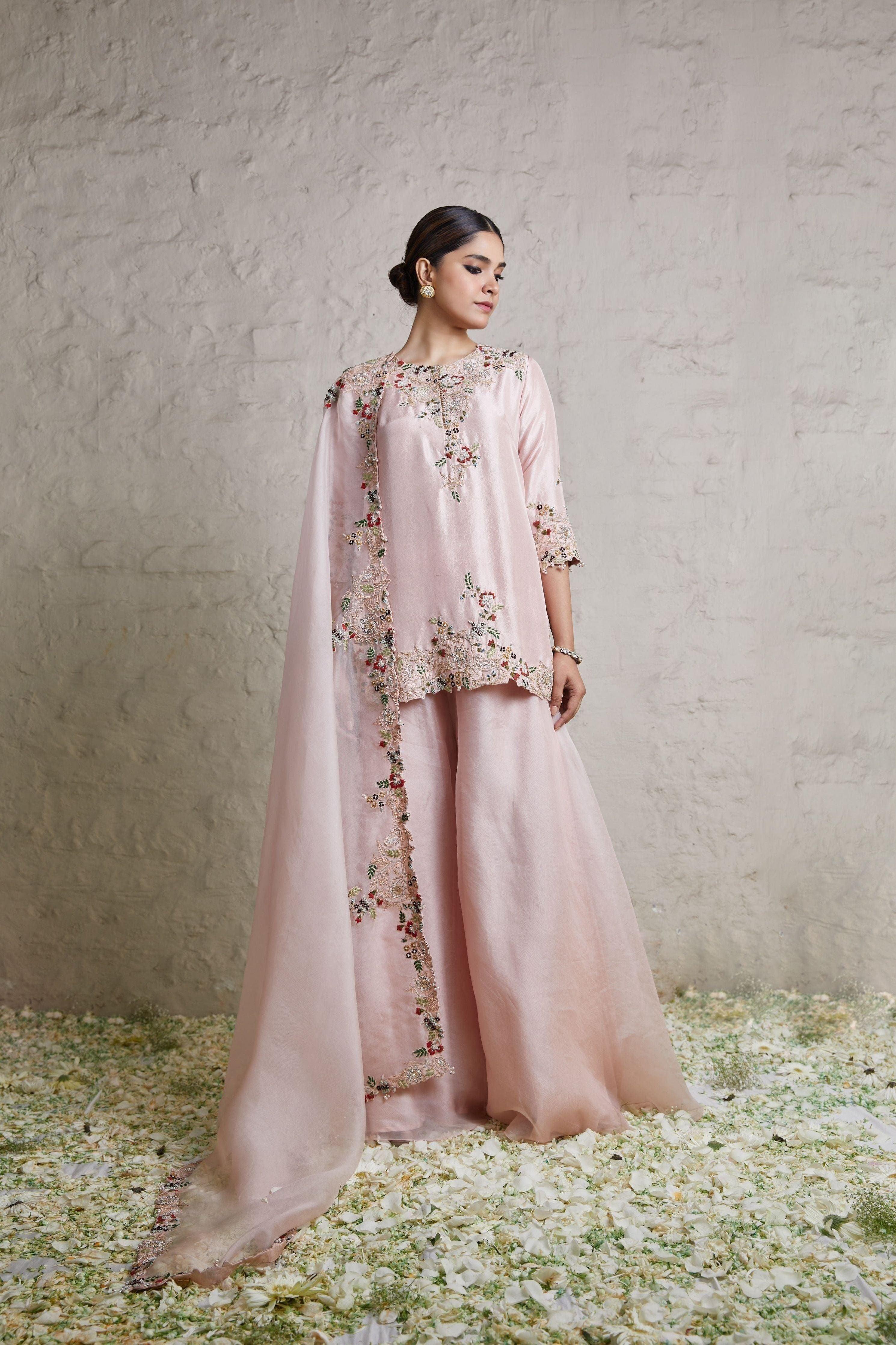 Flamingo Silk Kurta With Organza Sharara And Organza Dupatta - Mokshaa