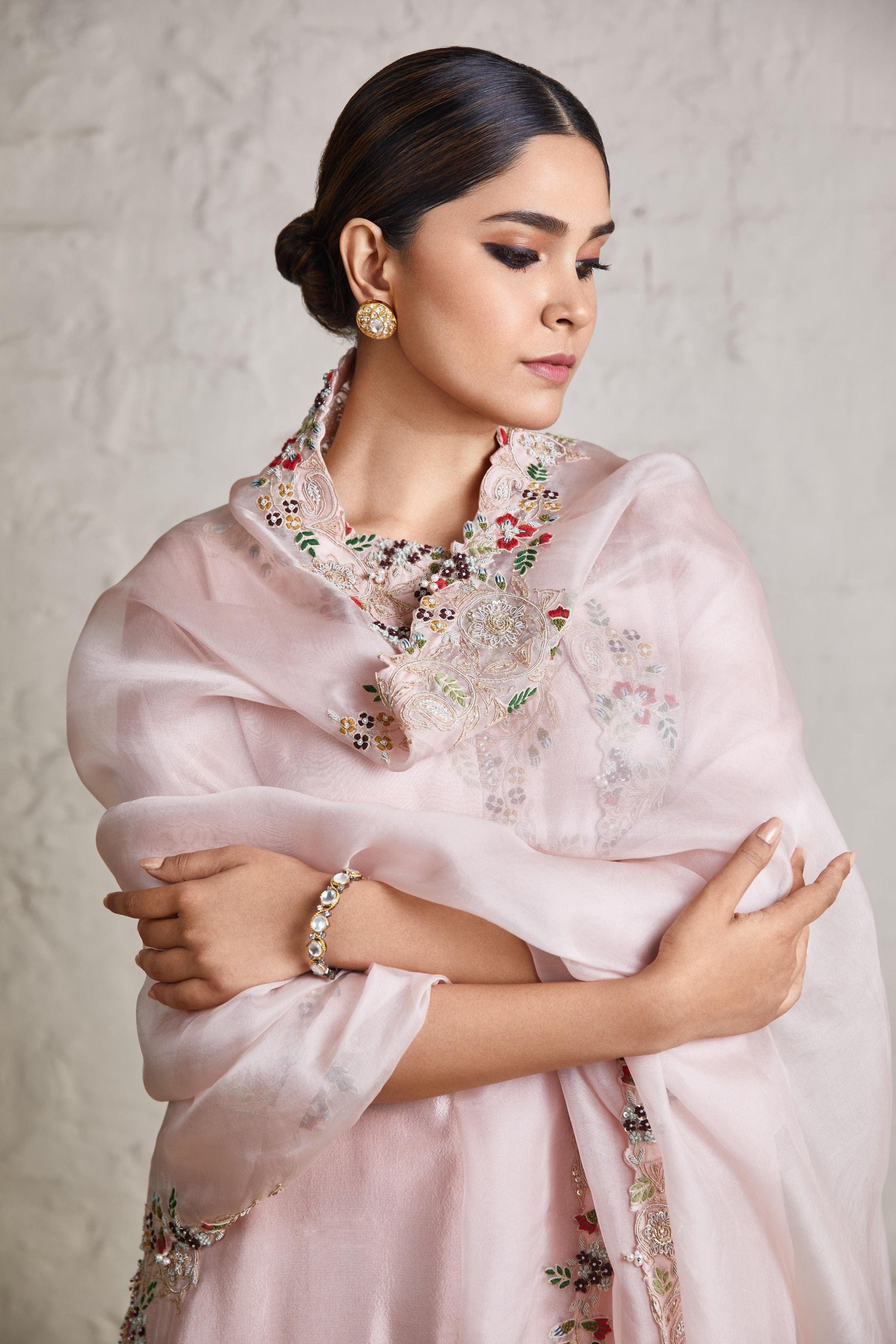 Flamingo Silk Kurta With Organza Sharara And Organza Dupatta - Mokshaa