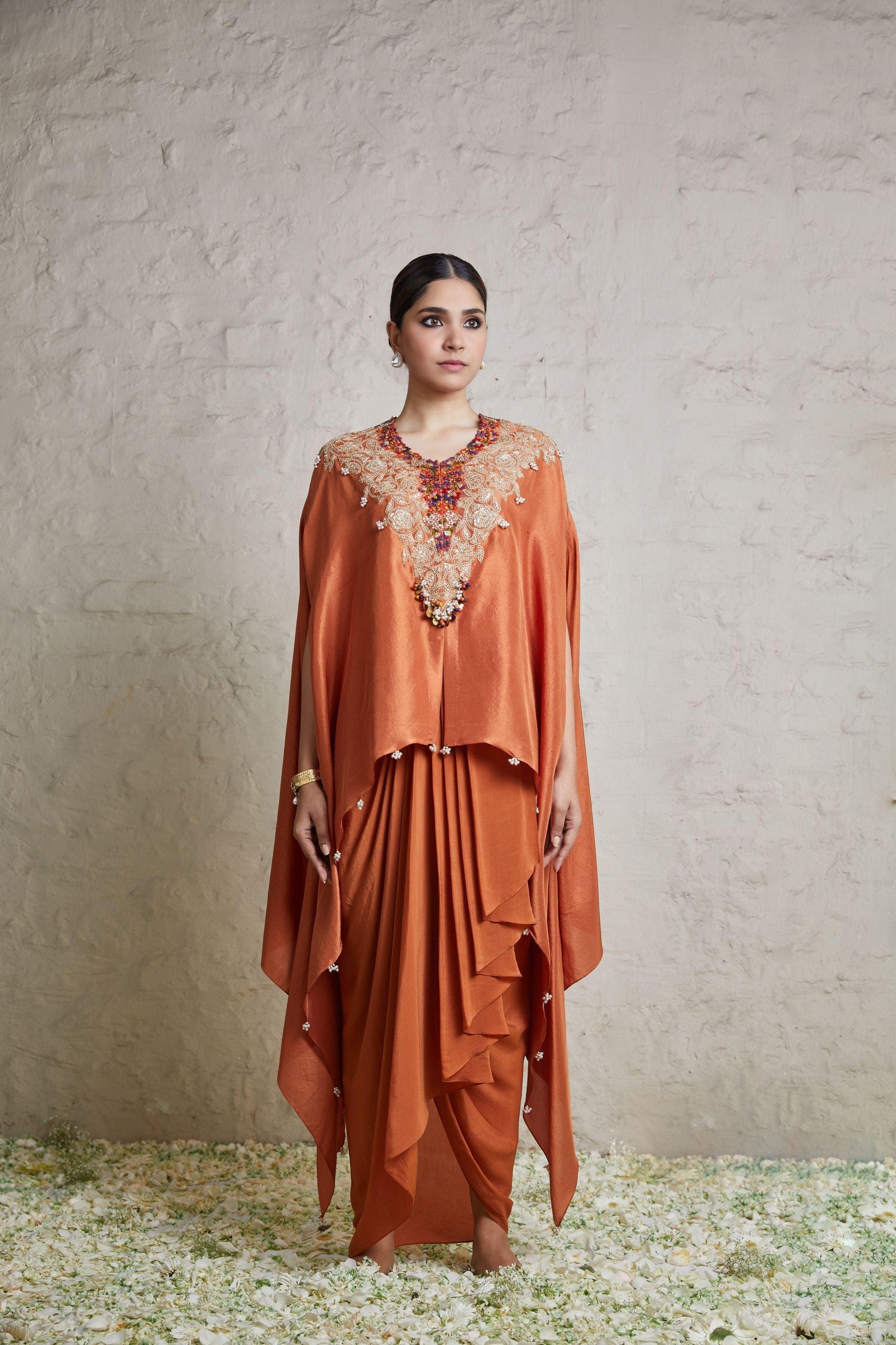 Burnt Orange Silk Kaftaan With Crepe Dhoti - Mokshaa